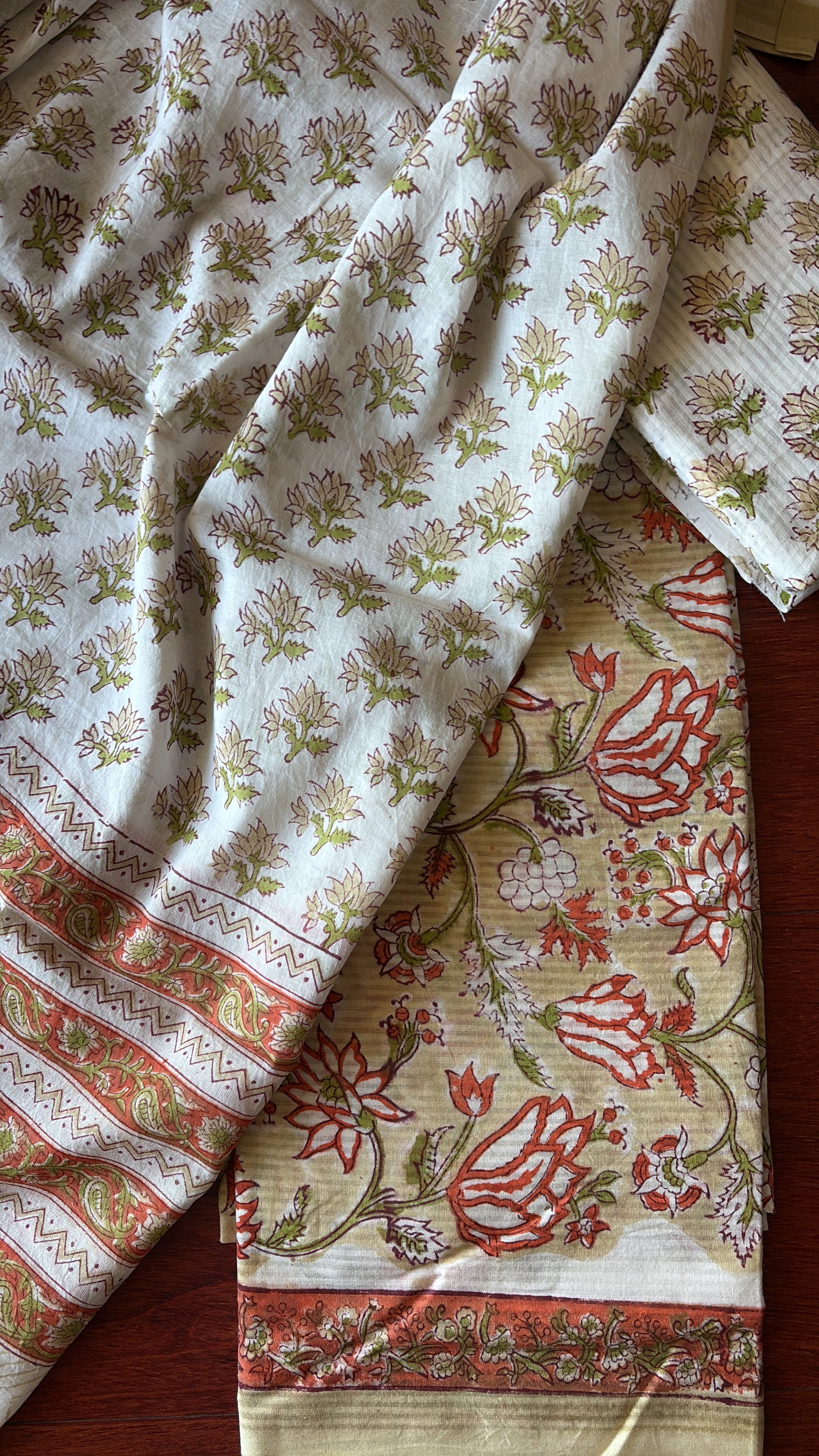 Unstitched Cotton Suit Piece 3 piece set with Hand block print Red Bunch leaf