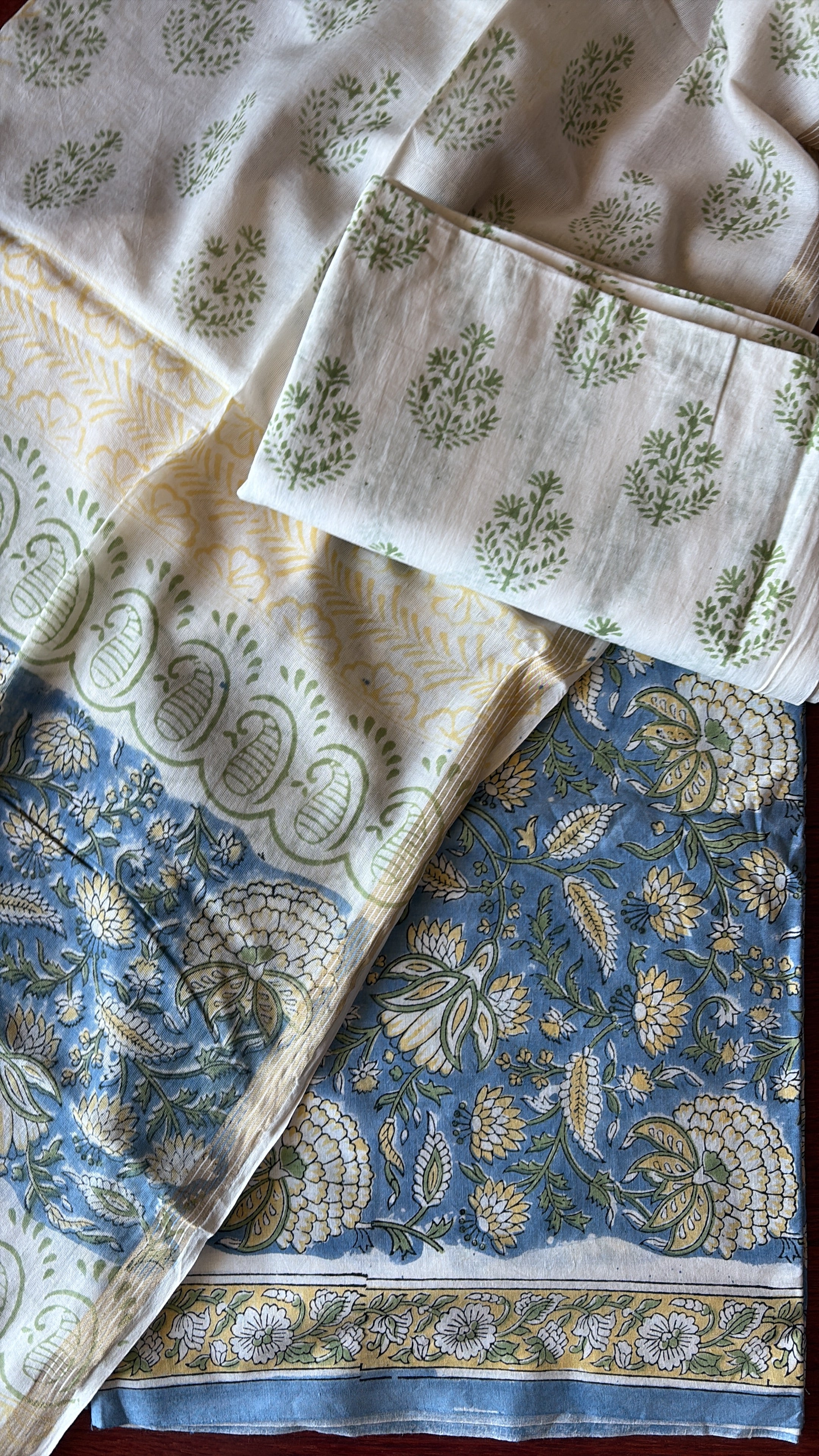 Unstitched Cotton Suit Piece 3 piece set with Hand block print Blue Ball