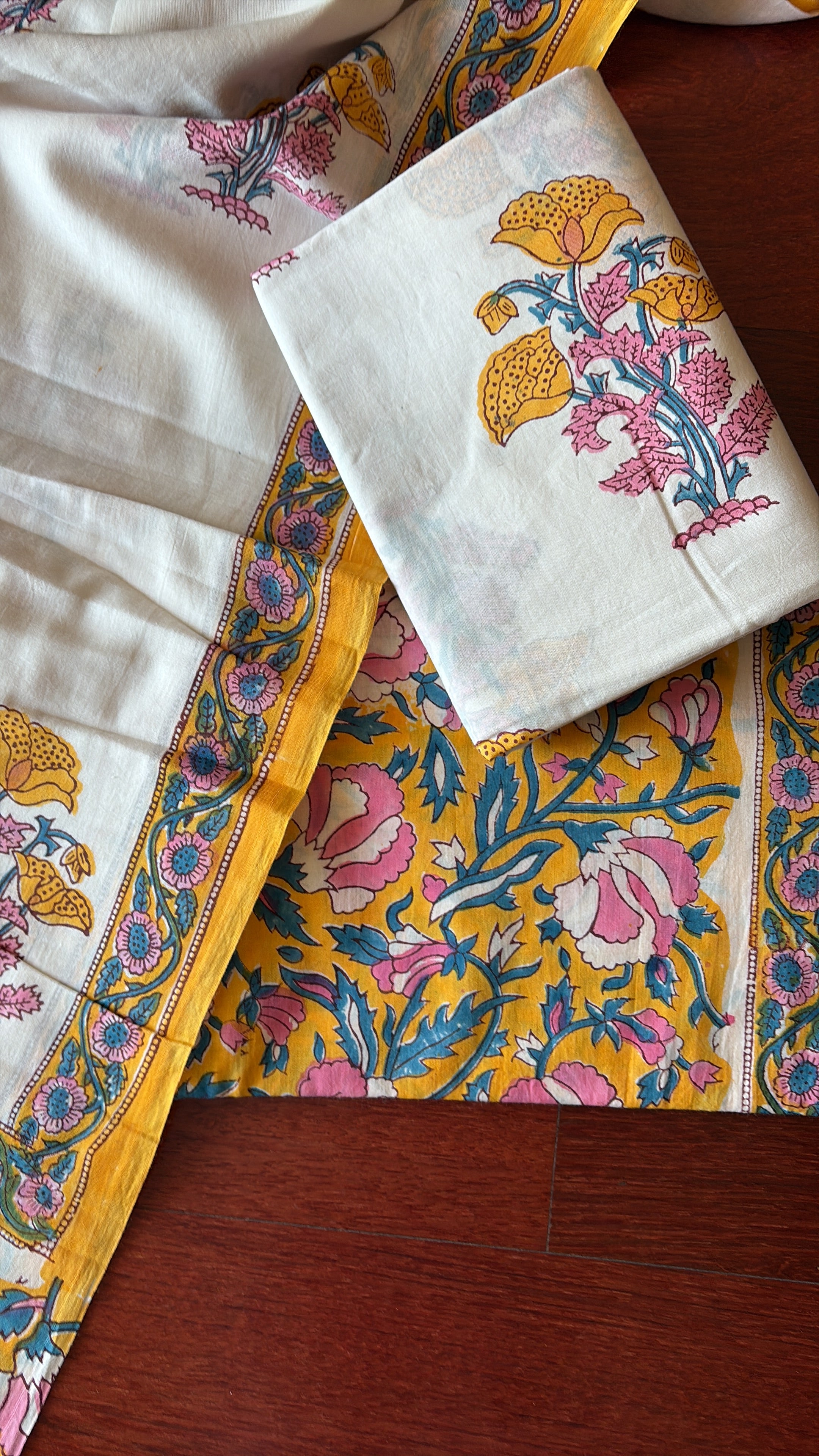 Unstitched Cotton Suit Piece 3 piece set with Hand block print Yellow and Pink shot