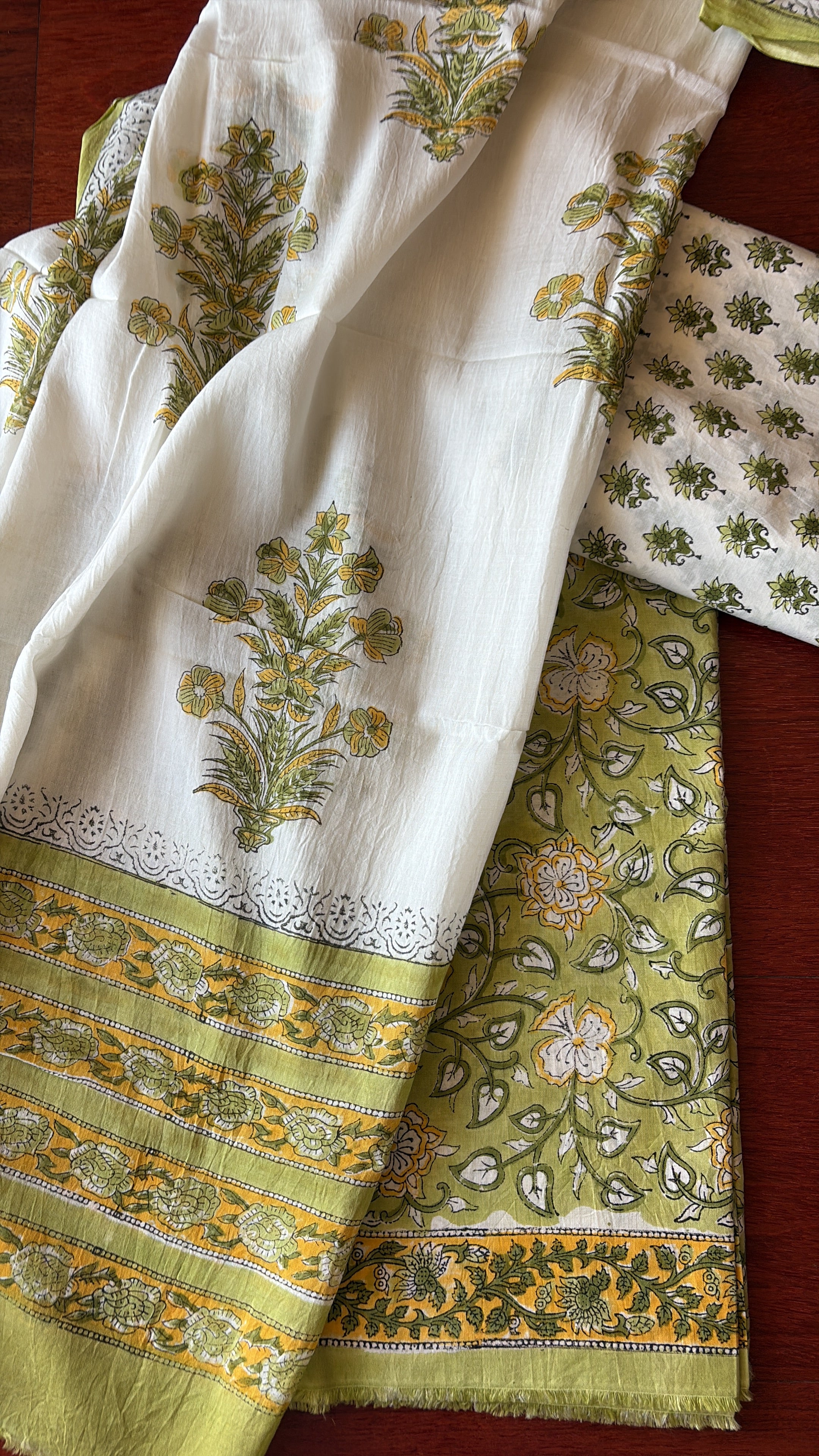 Unstitched Cotton Suit Piece 3 piece set with Hand block print Green Flower pot