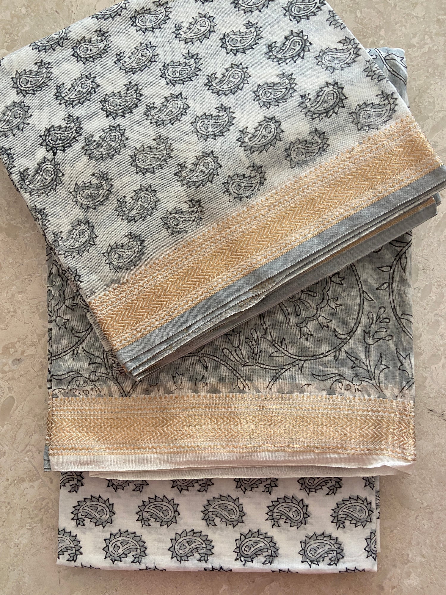 Alternative view of Charcoal Maheswari 3-piece suit set - cream boota print dupatta on top, charcoal kurta fabric with zari in center, cotton pant at bottom - unstitched handloom from Maheshwar | Bloomton Designs