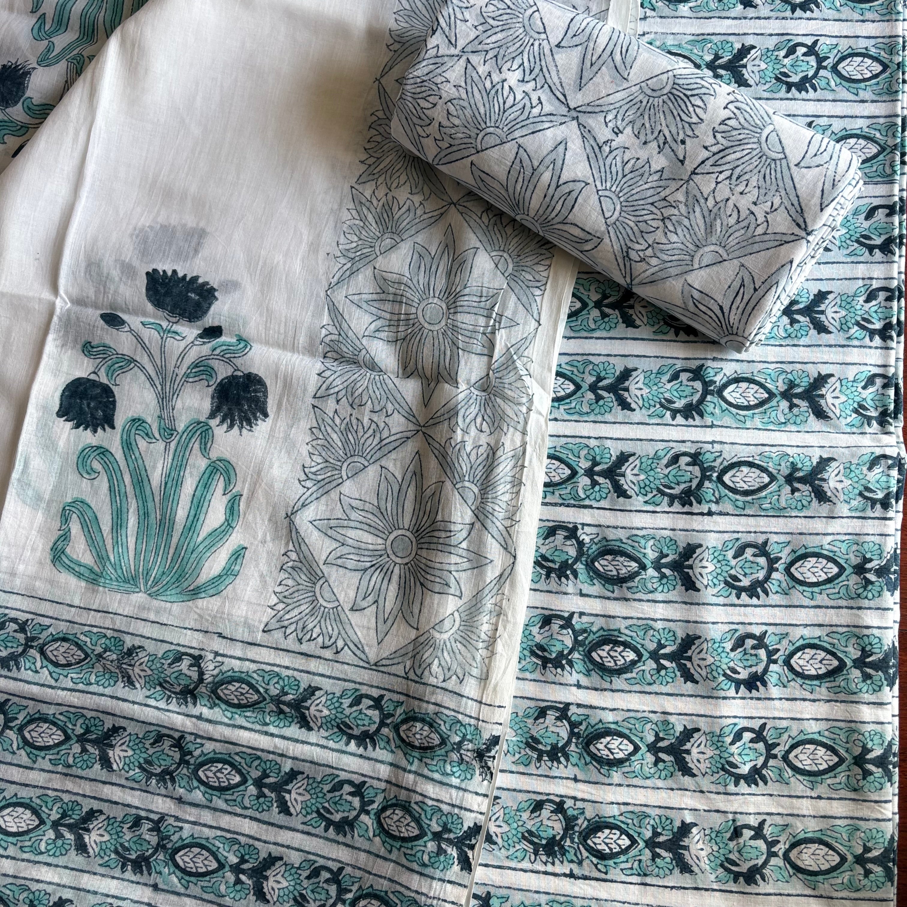 Unstitched Cotton Suit piece with cotton dupatta 3 piece set- blue Pattern