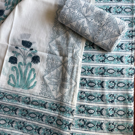 Unstitched Cotton Suit piece with cotton dupatta 3 piece set- blue Pattern