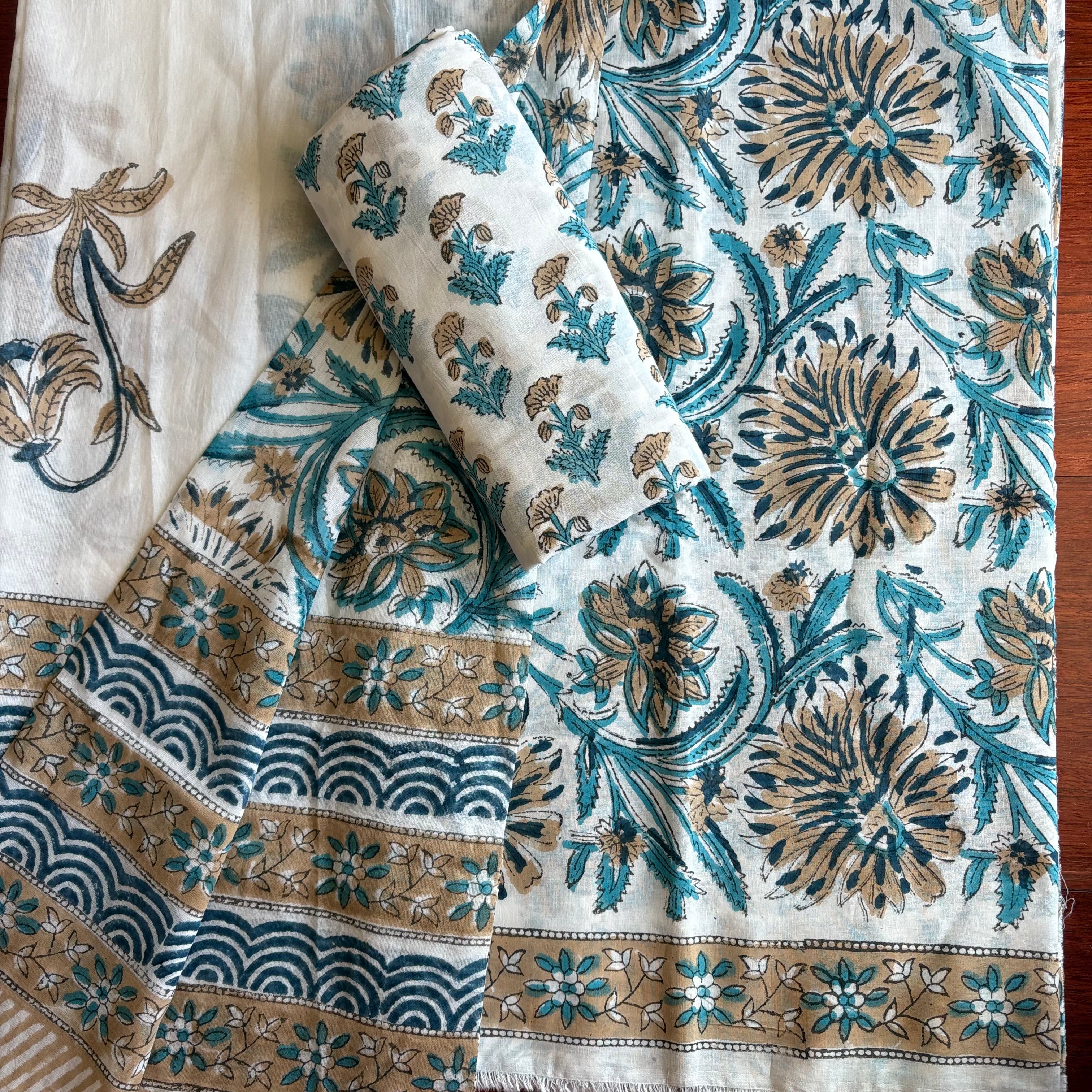 Unstitched Cotton suit piece set with cotton dupatta all with Gota border and Gota neckline - Traditional Paisley