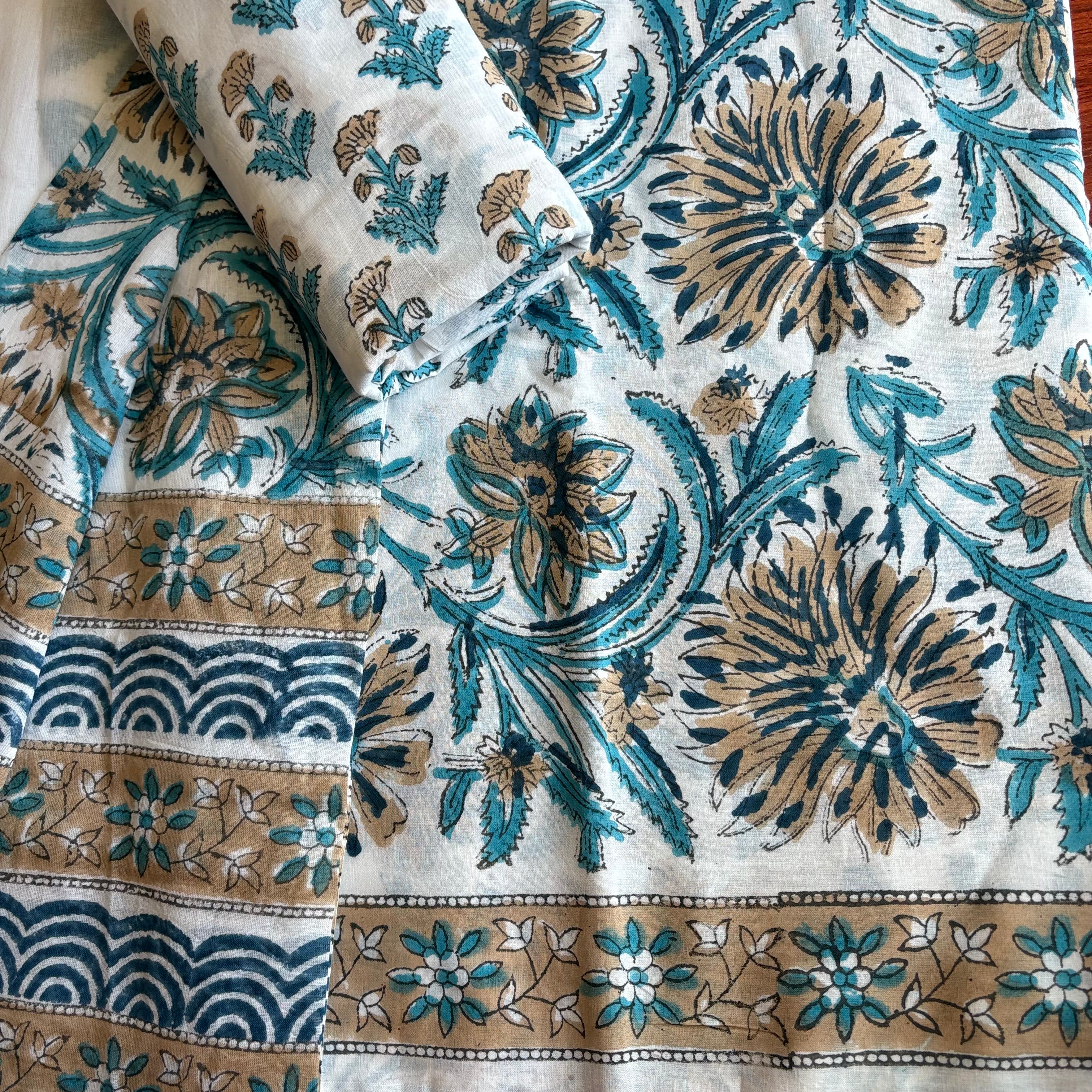 Unstitched Cotton suit piece set with cotton dupatta all with Gota border and Gota neckline - Traditional Paisley