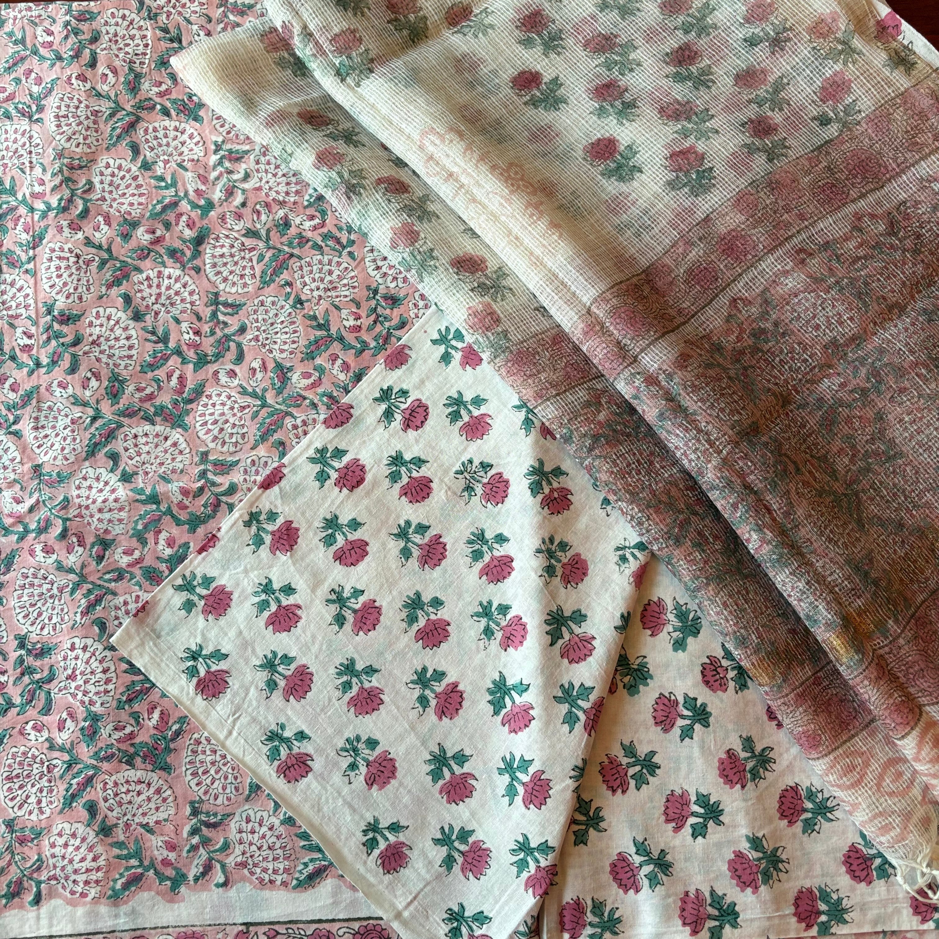 Unstitched Cotton Suit piece with Kota Doriya dupatta 3 piece set- Enchanting Essence