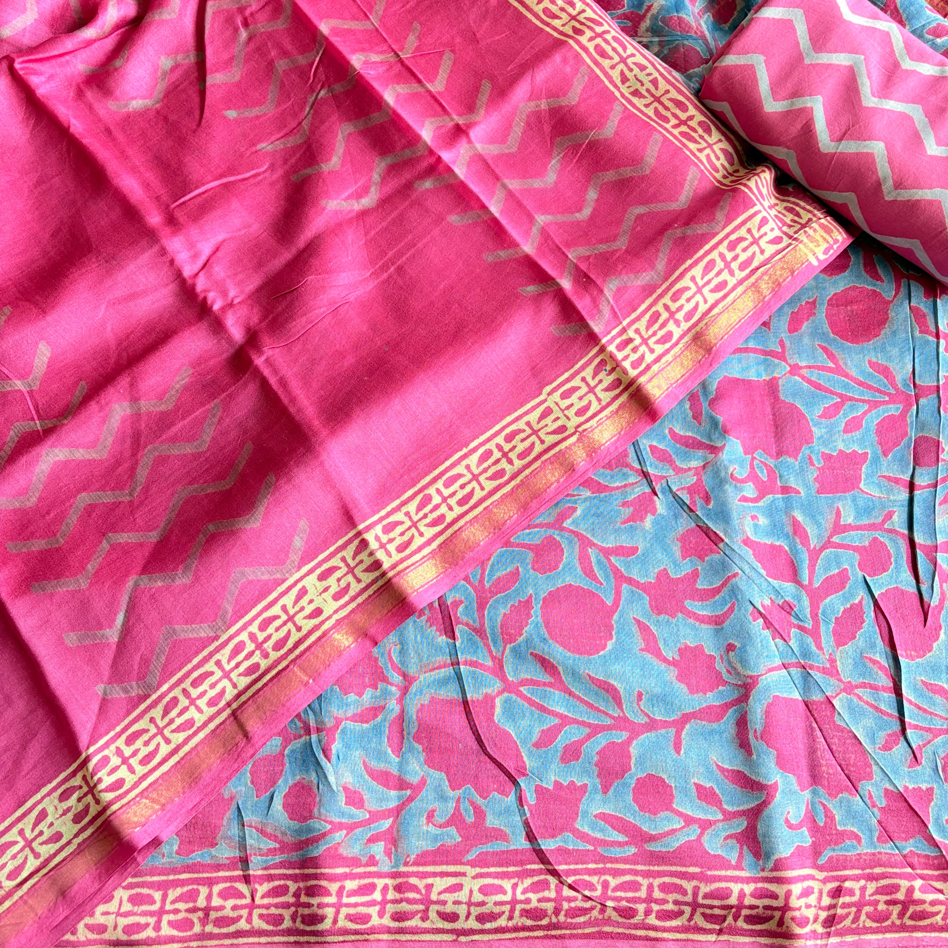 Unstitched Chanderi kurta piece with Chanderi dupatta and cotton pant fabric 3 piece set Pink Lehariya