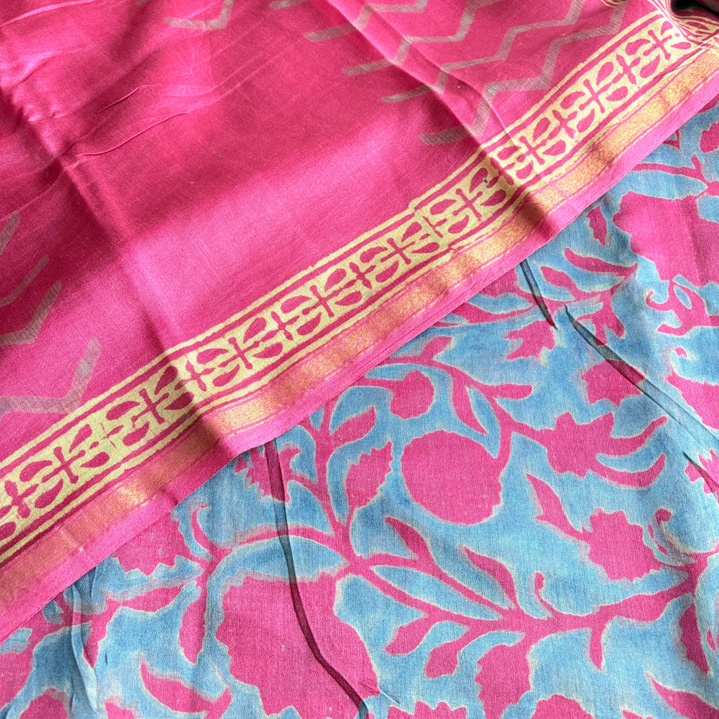 Unstitched Chanderi kurta piece with Chanderi dupatta and cotton pant fabric 3 piece set Pink Lehariya