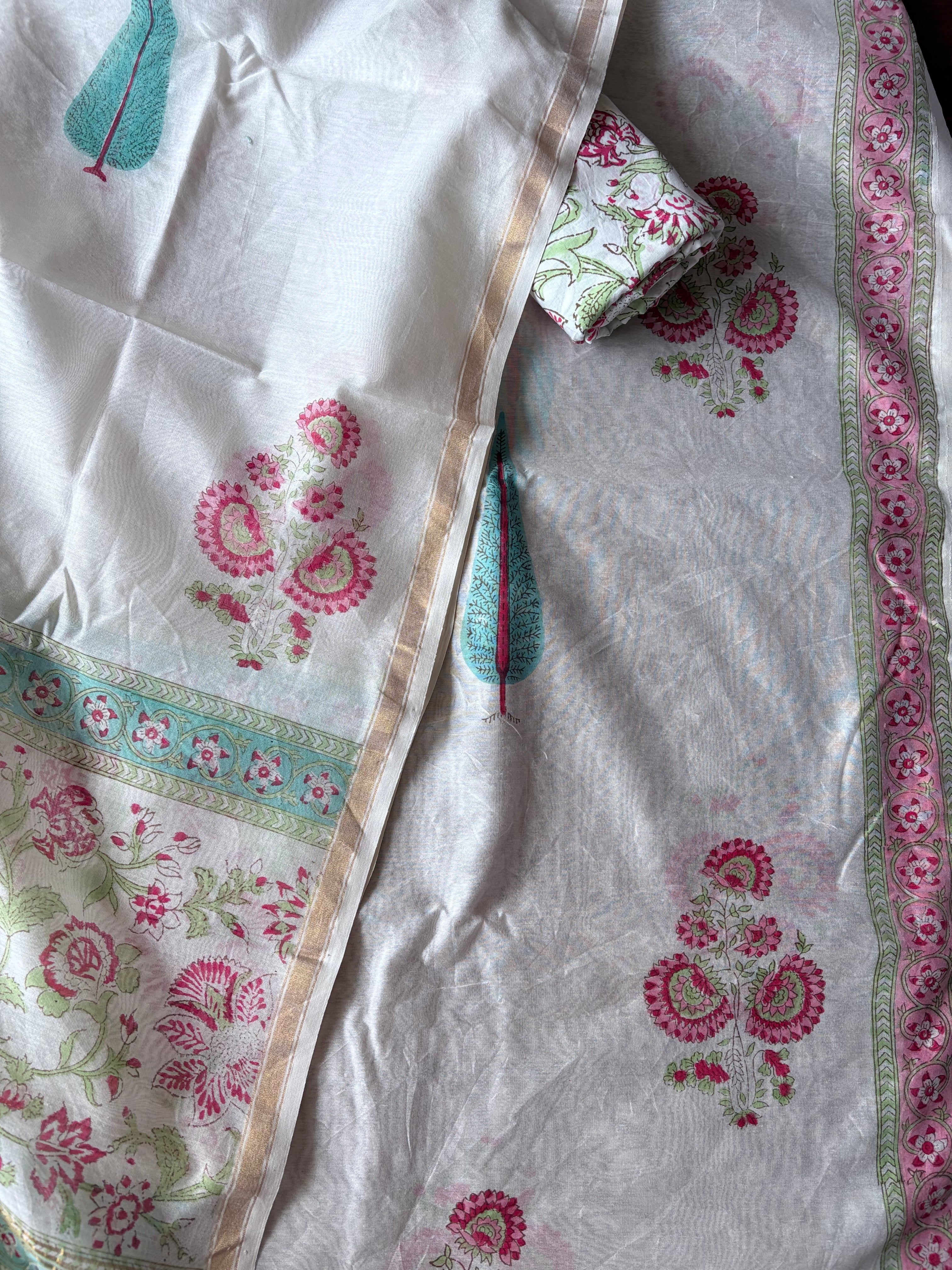 Unstitched Chanderi kurta piece with Chanderi dupatta and cotton pant fabric 3 piece set - Purple Sticks