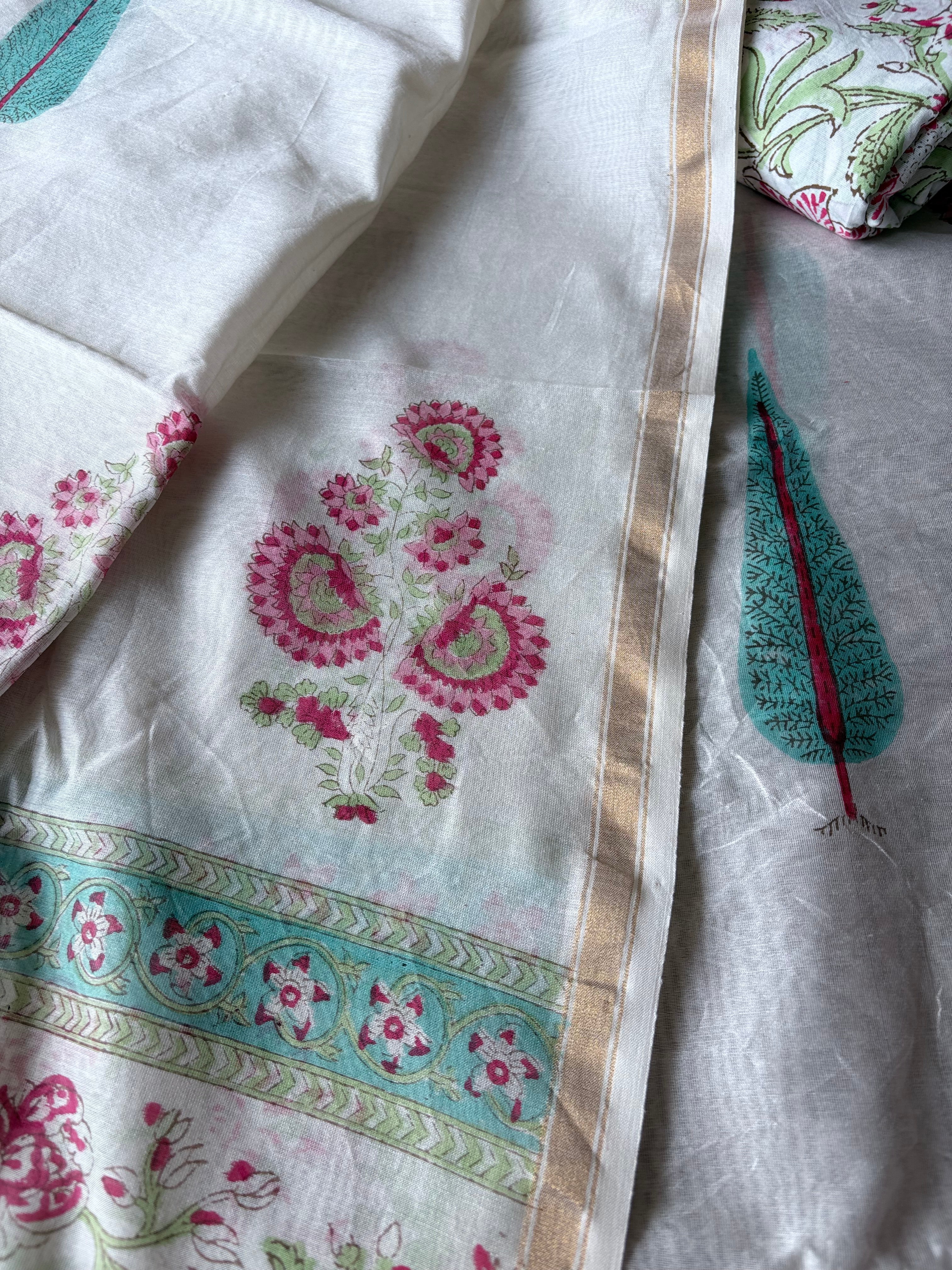 Unstitched Chanderi kurta piece with Chanderi dupatta and cotton pant fabric 3 piece set - Purple Sticks