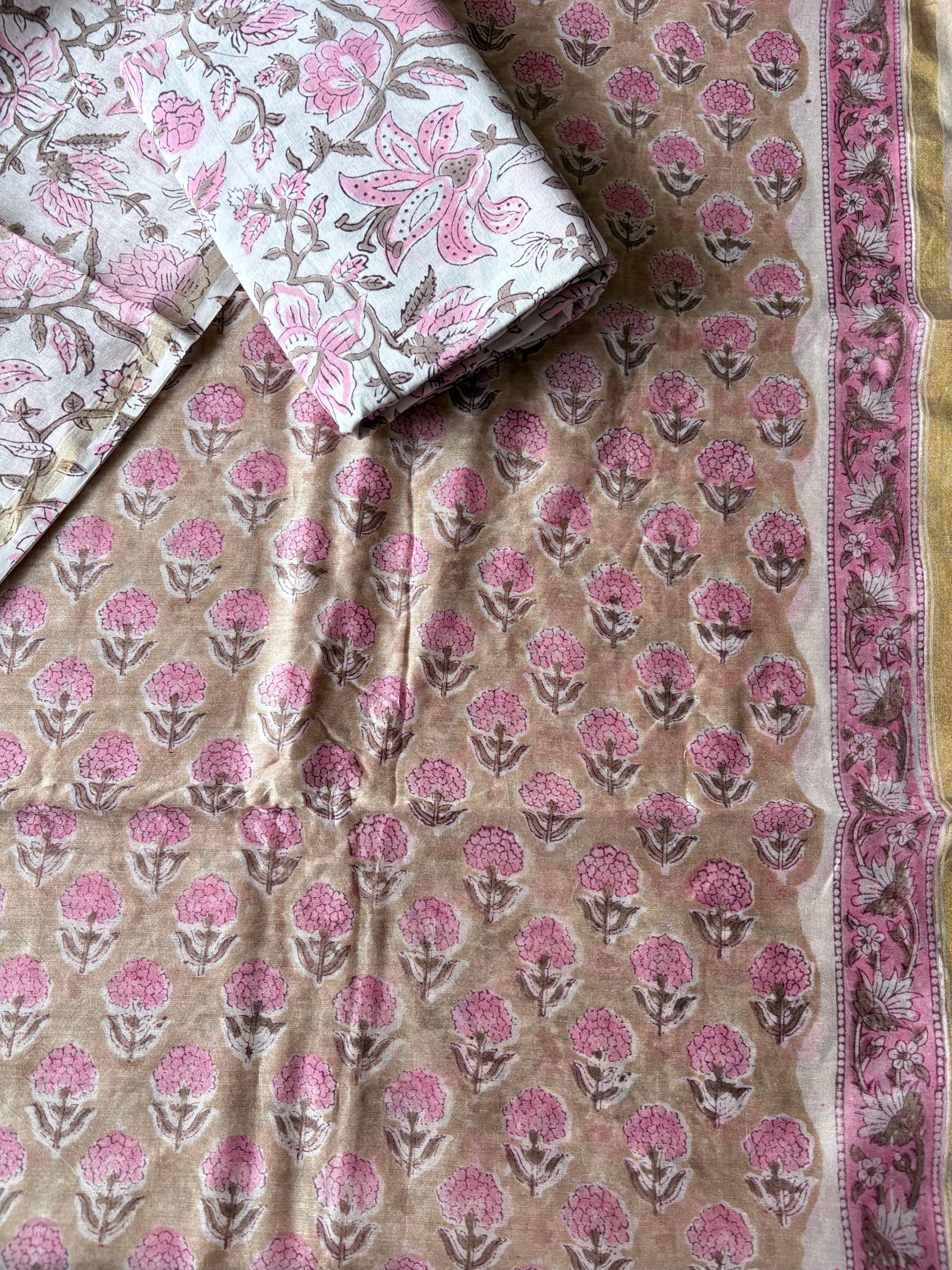 Unstitched Chanderi kurta piece with Chanderi dupatta and cotton pant fabric 3 piece set Pink small Boota