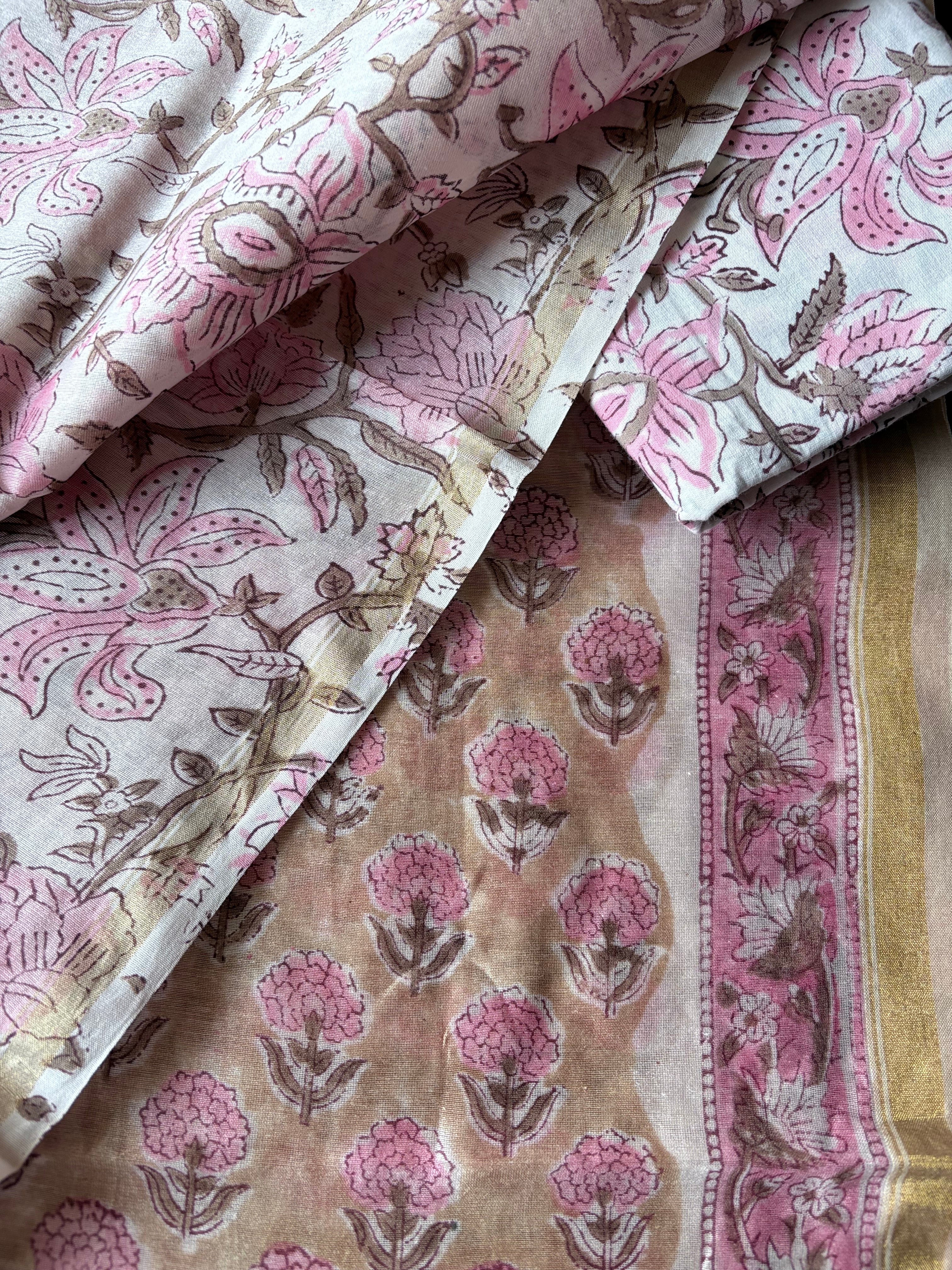 Unstitched Chanderi kurta piece with Chanderi dupatta and cotton pant fabric 3 piece set Pink small Boota