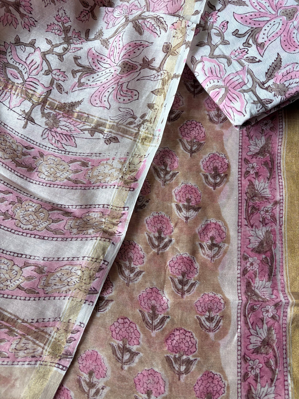 Unstitched Chanderi kurta piece with Chanderi dupatta and cotton pant fabric 3 piece set Pink small Boota