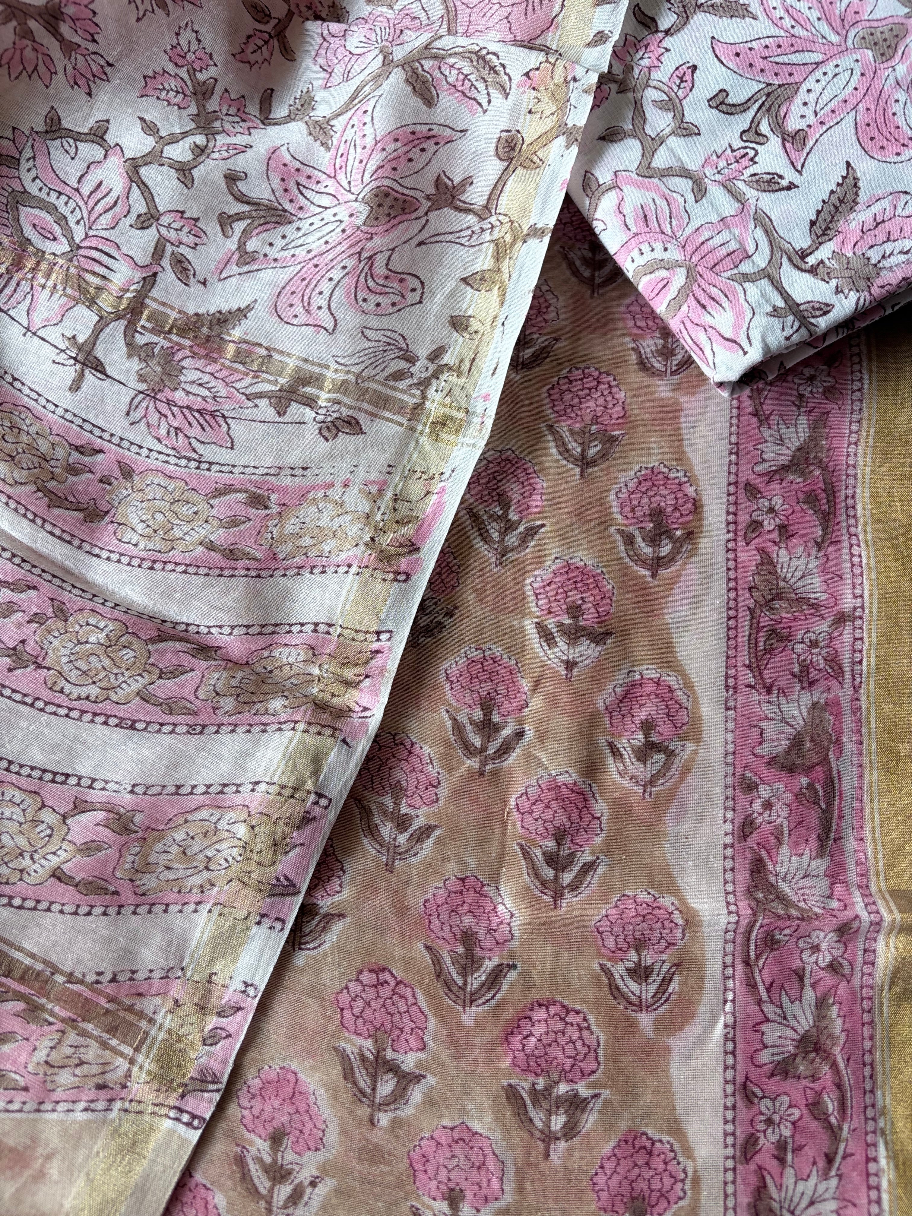 Unstitched Chanderi kurta piece with Chanderi dupatta and cotton pant fabric 3 piece set Pink small Boota