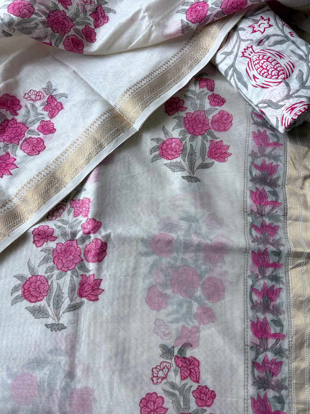 Unstitched Maheswari kurta piece with Maheswari dupatta and cotton pant fabric 3 piece set - Pomegranate flower