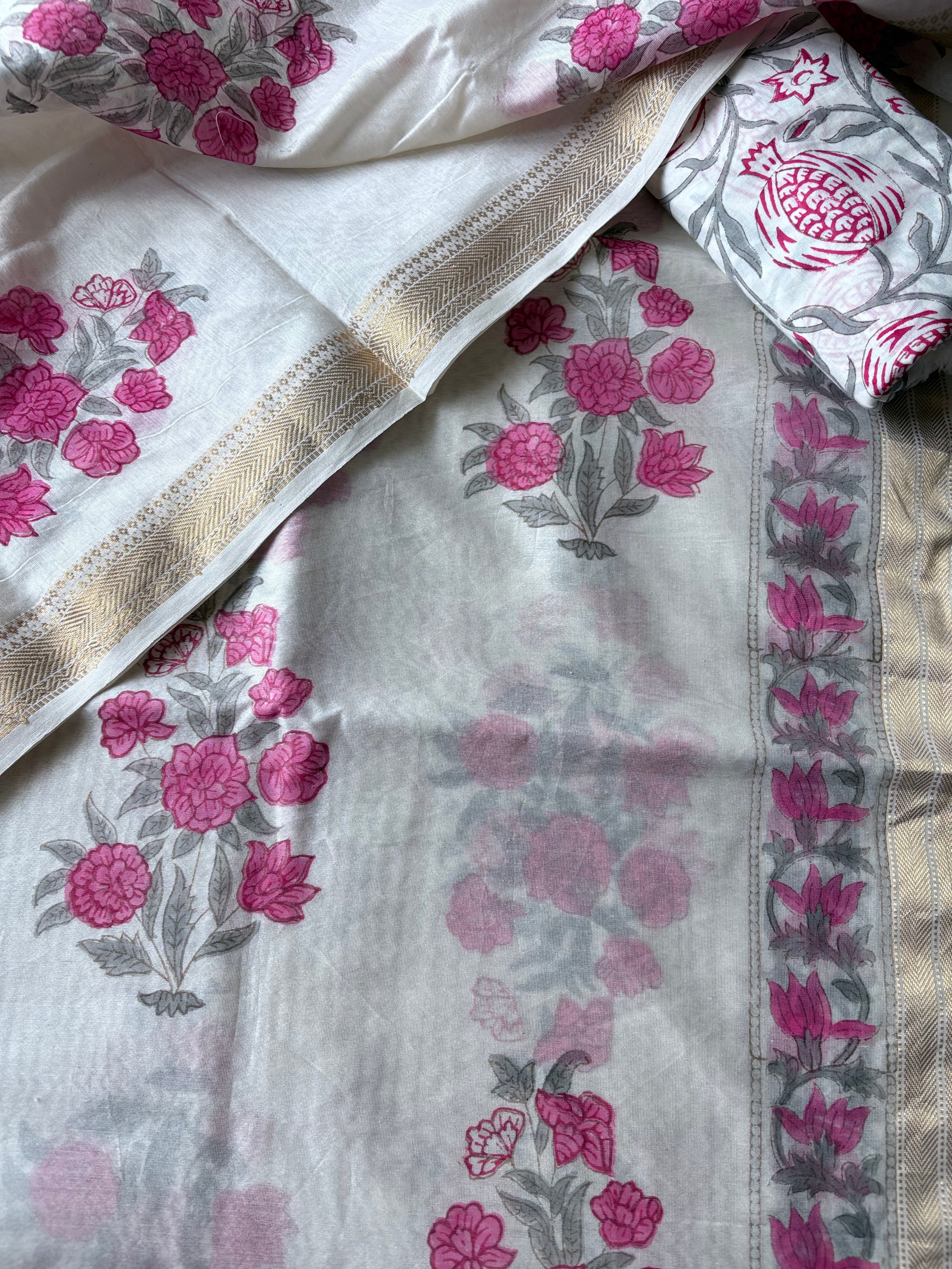 Unstitched Maheswari kurta piece with Maheswari dupatta and cotton pant fabric 3 piece set - Pomegranate flower