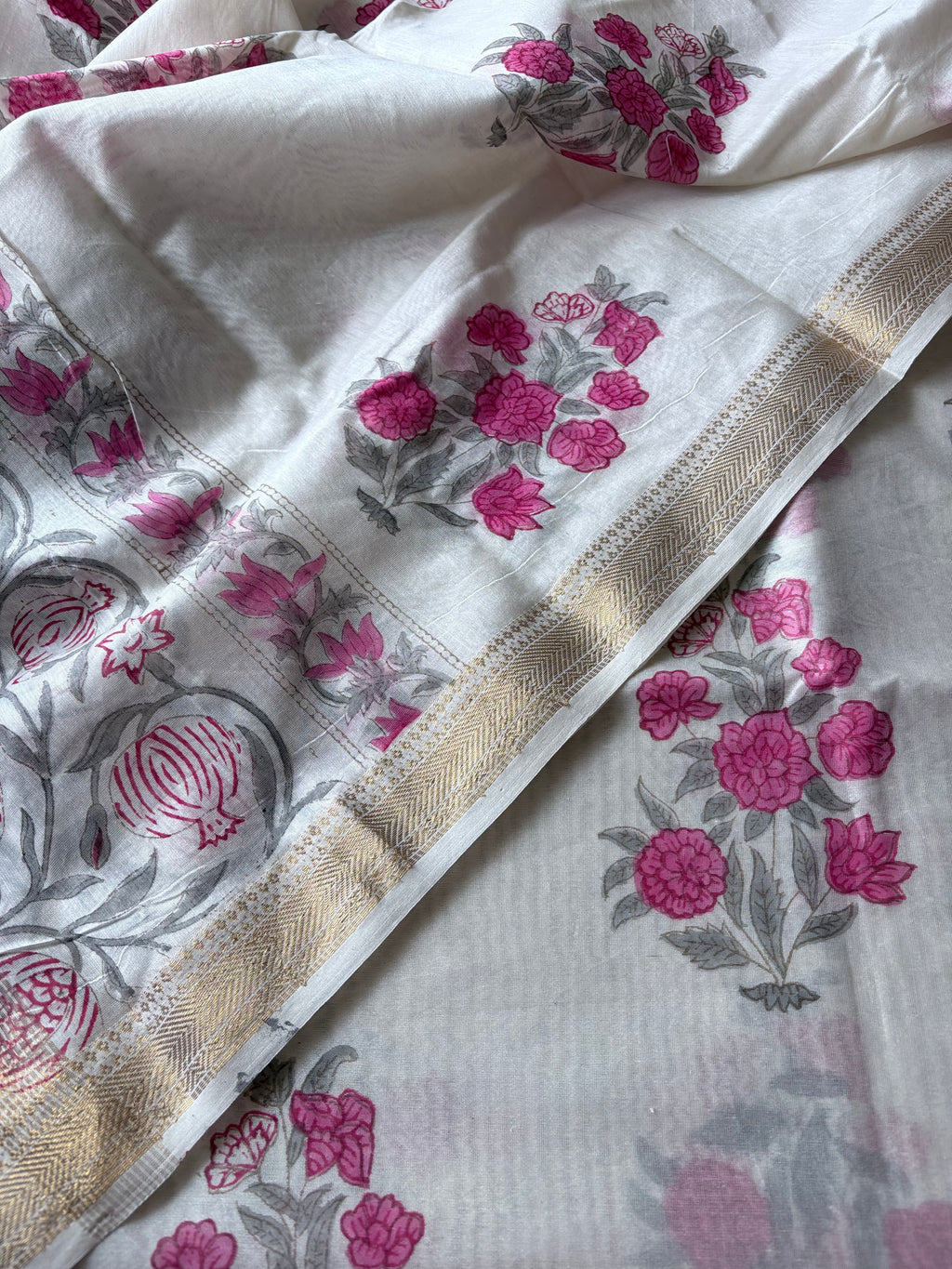 Unstitched Maheswari kurta piece with Maheswari dupatta and cotton pant fabric 3 piece set - Pomegranate flower