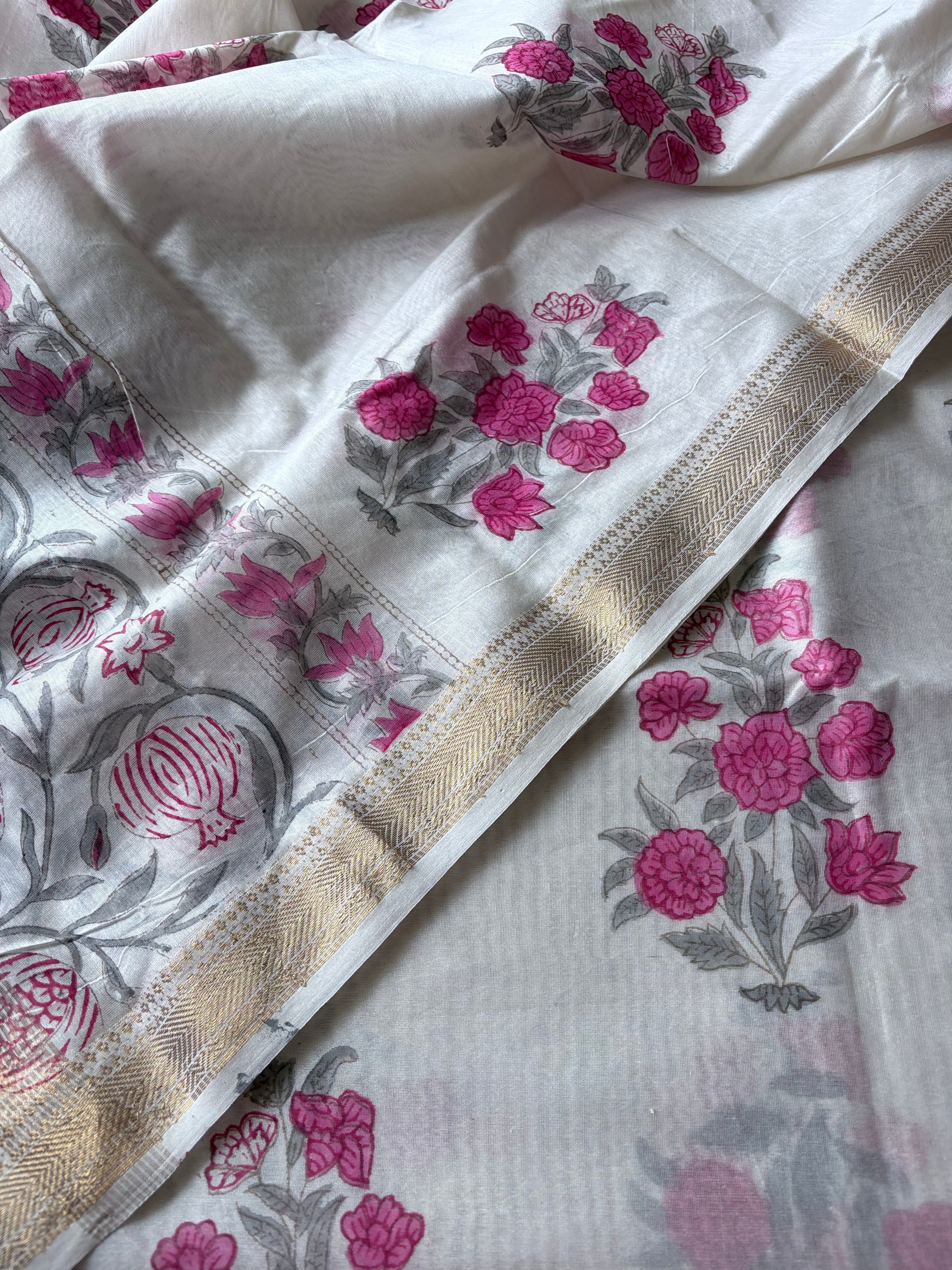 Unstitched Maheswari kurta piece with Maheswari dupatta and cotton pant fabric 3 piece set - Pomegranate flower