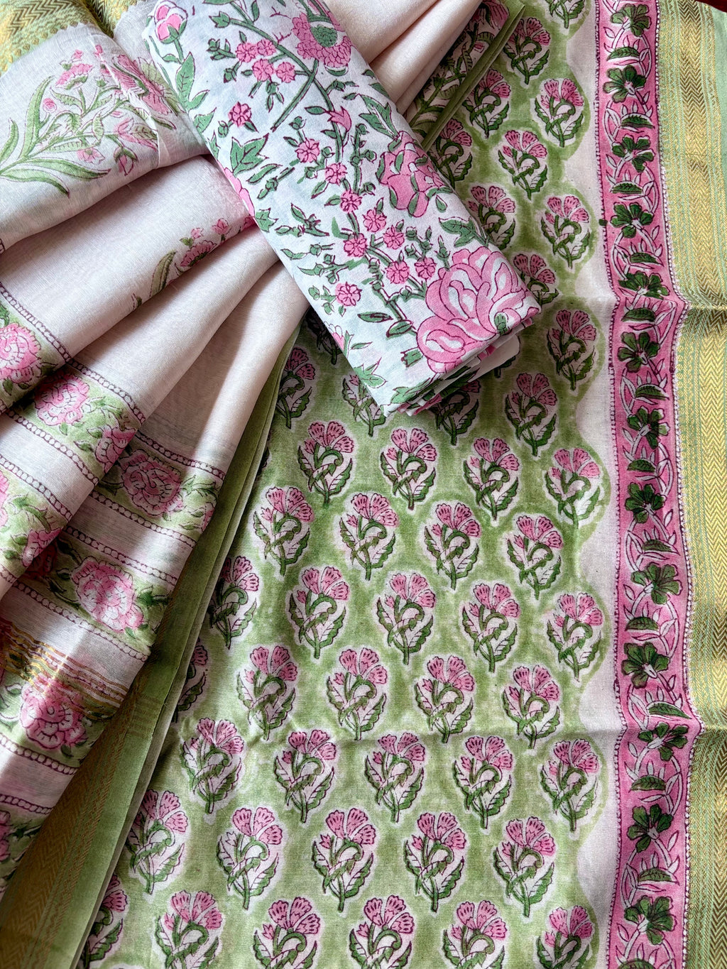 Unstitched Maheswari kurta piece with Maheswari dupatta and cotton pant fabric 3 piece set - 3 leaf flower