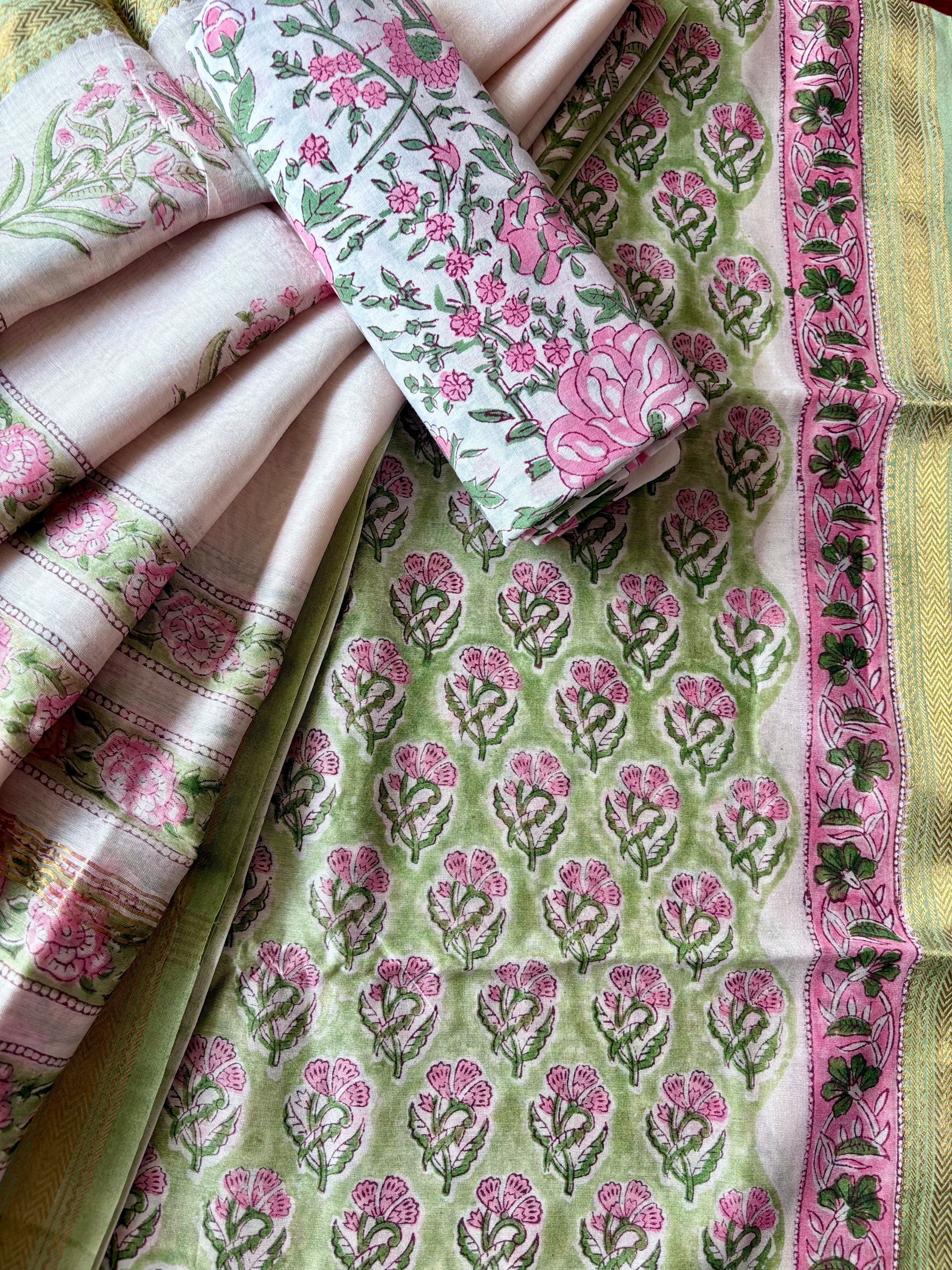 Unstitched Maheswari kurta piece with Maheswari dupatta and cotton pant fabric 3 piece set - 3 leaf flower