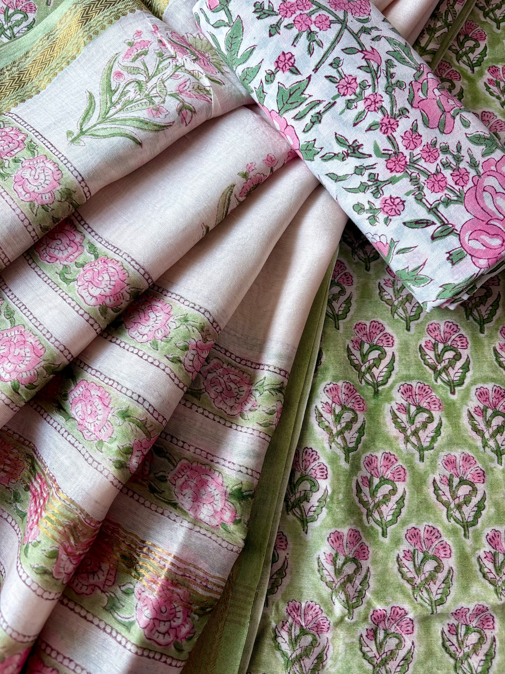 Unstitched Maheswari kurta piece with Maheswari dupatta and cotton pant fabric 3 piece set - 3 leaf flower