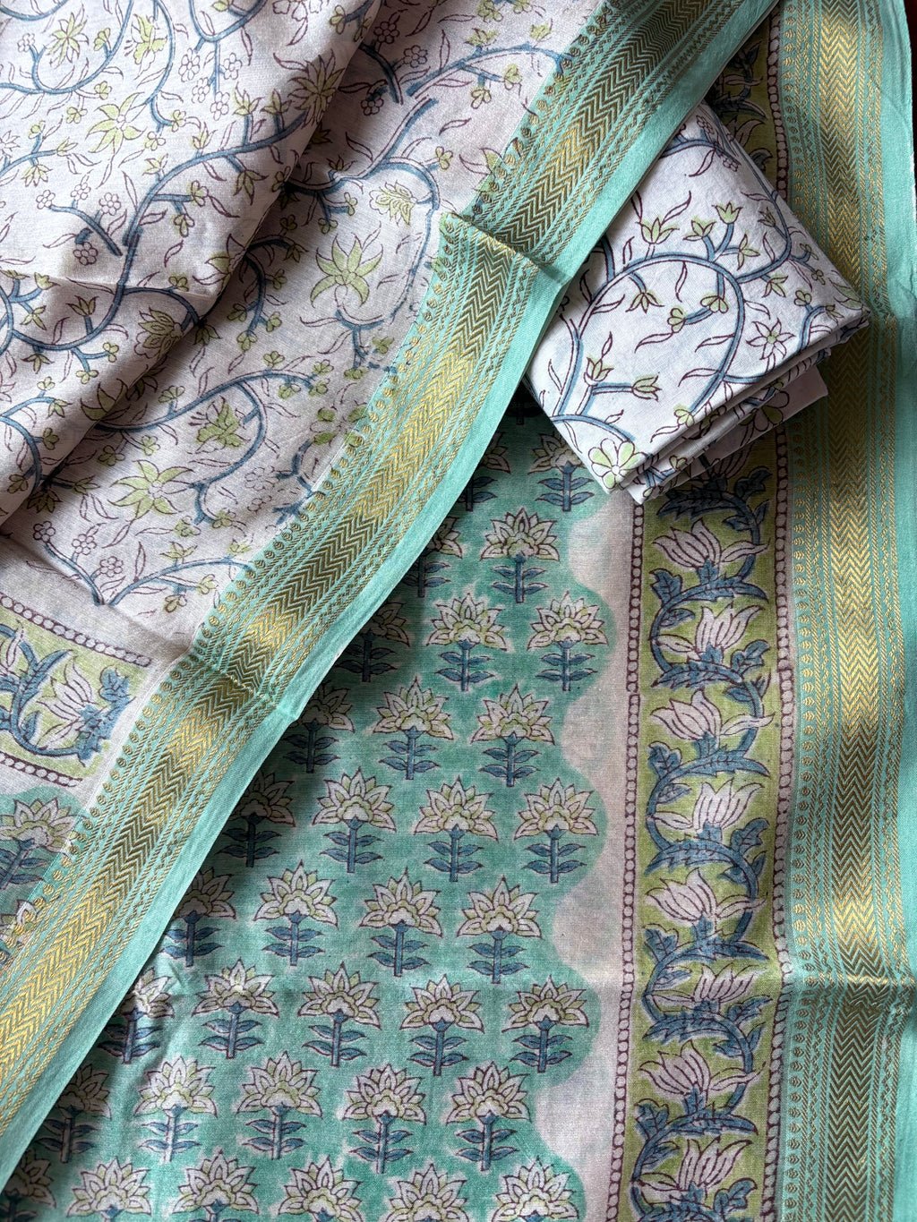 Unstitched Maheswari kurta piece with Maheswari dupatta and cotton pant fabric 3 piece set - Fire in the greens