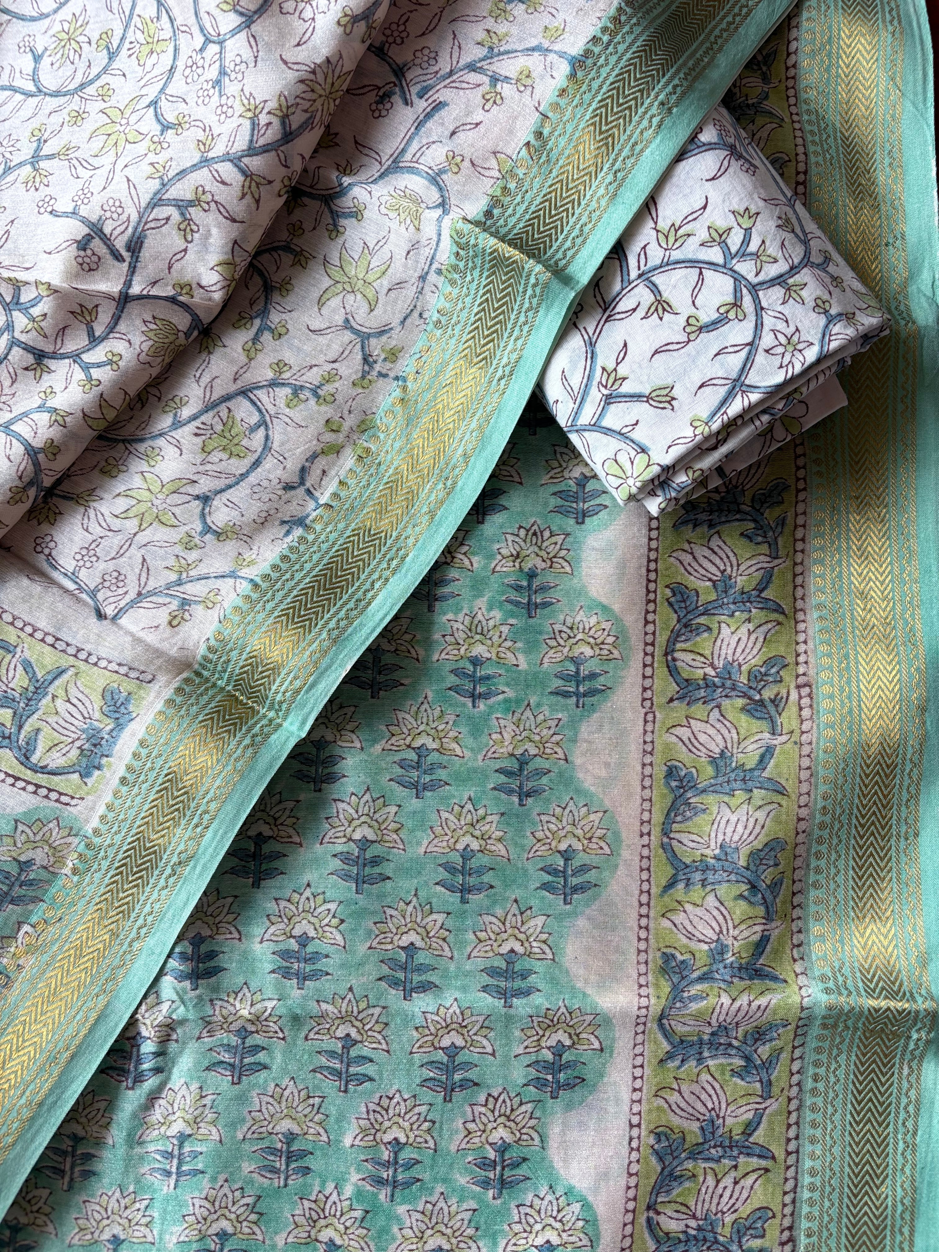 Unstitched Maheswari kurta piece with Maheswari dupatta and cotton pant fabric 3 piece set - Fire in the greens