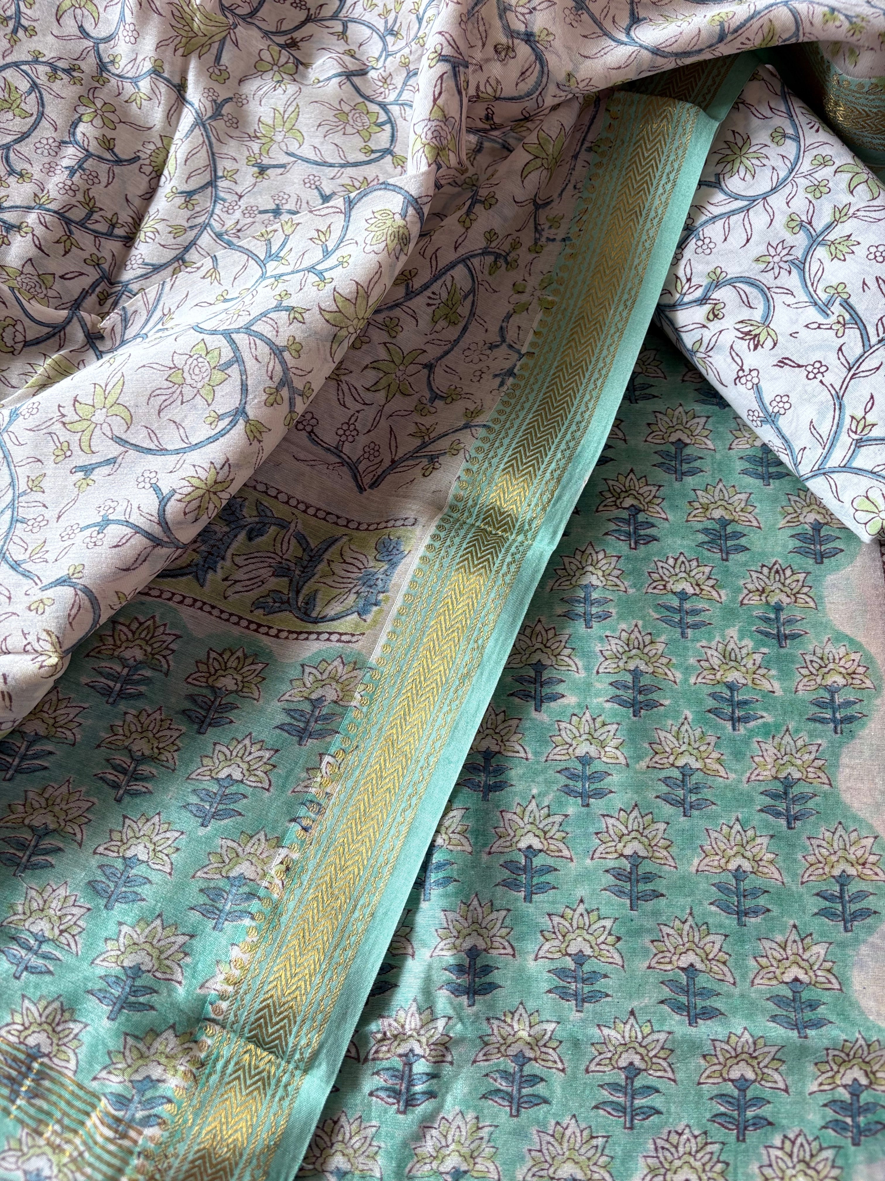 Unstitched Maheswari kurta piece with Maheswari dupatta and cotton pant fabric 3 piece set - Fire in the greens