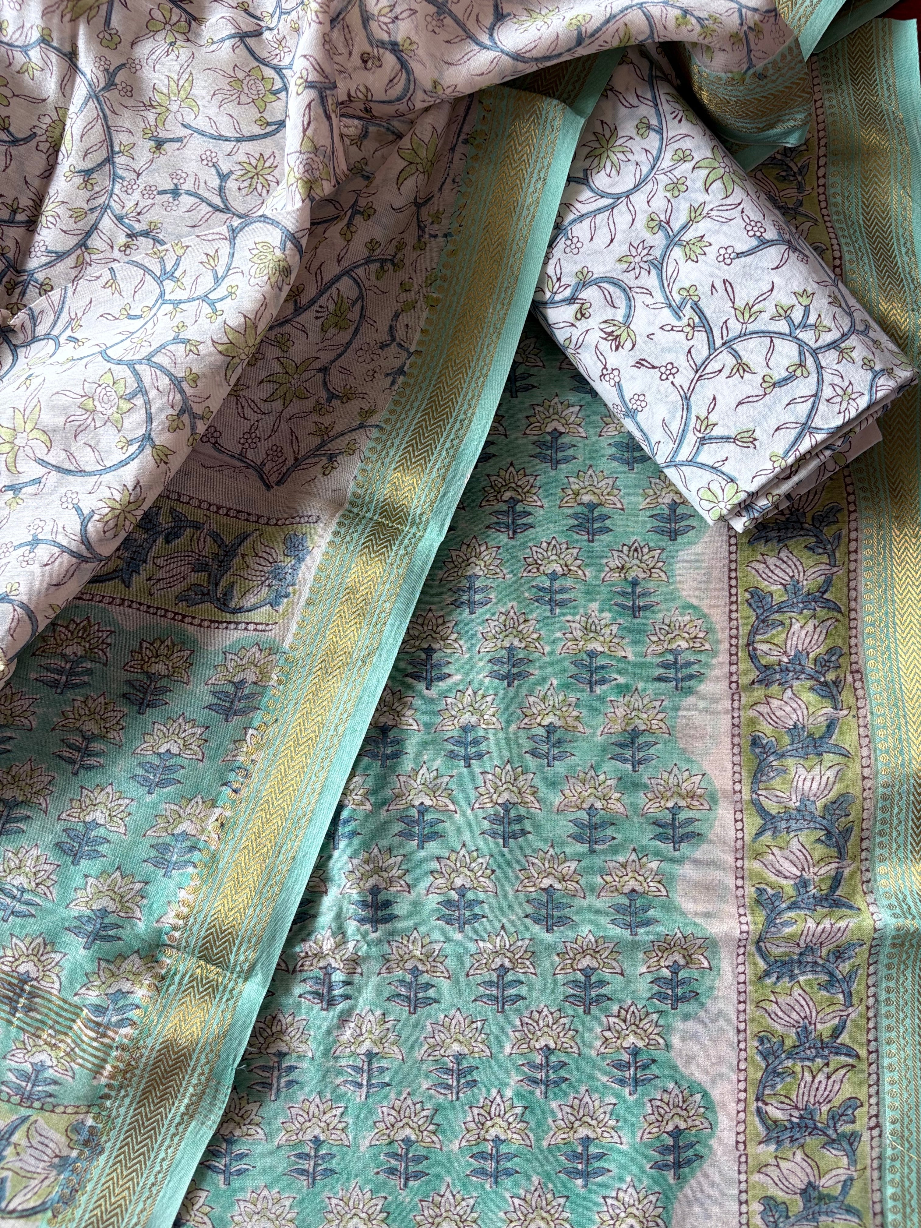 Unstitched Maheswari kurta piece with Maheswari dupatta and cotton pant fabric 3 piece set - Fire in the greens