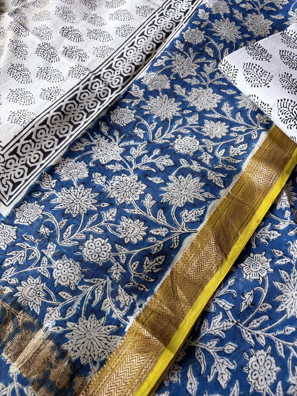 Unstitched Maheswari kurta piece with Maheswari dupatta and cotton pant fabric 3 piece set - Blue Pointed Flowers