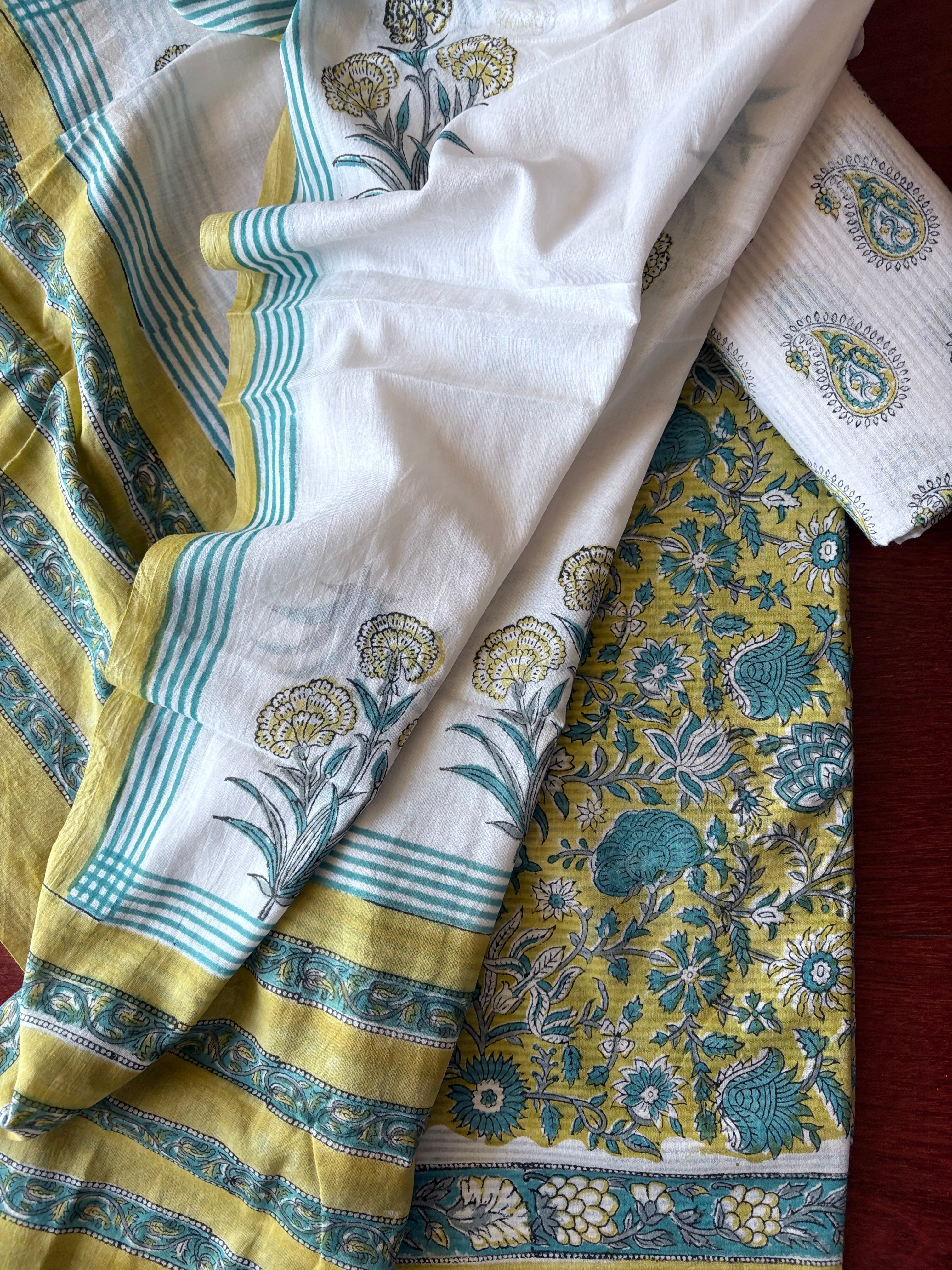 Unstitched Cotton Suit Piece 3 piece set with Hand block print Suitable for summers