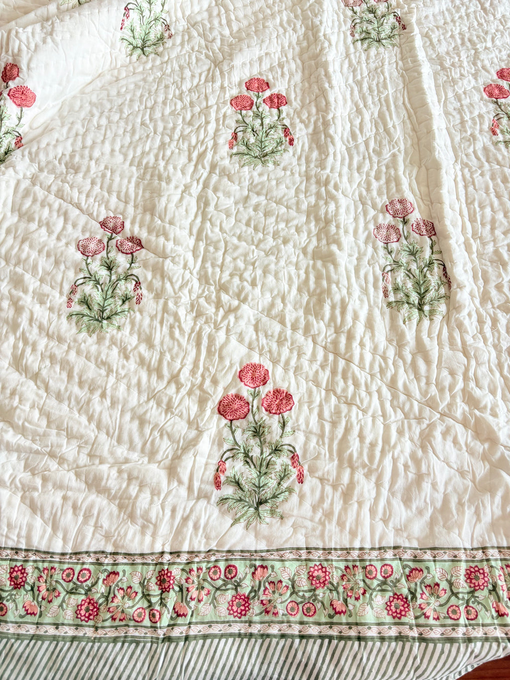 Pink Botanical Hand-Block Printed Reversible Cotton Quilt Queen