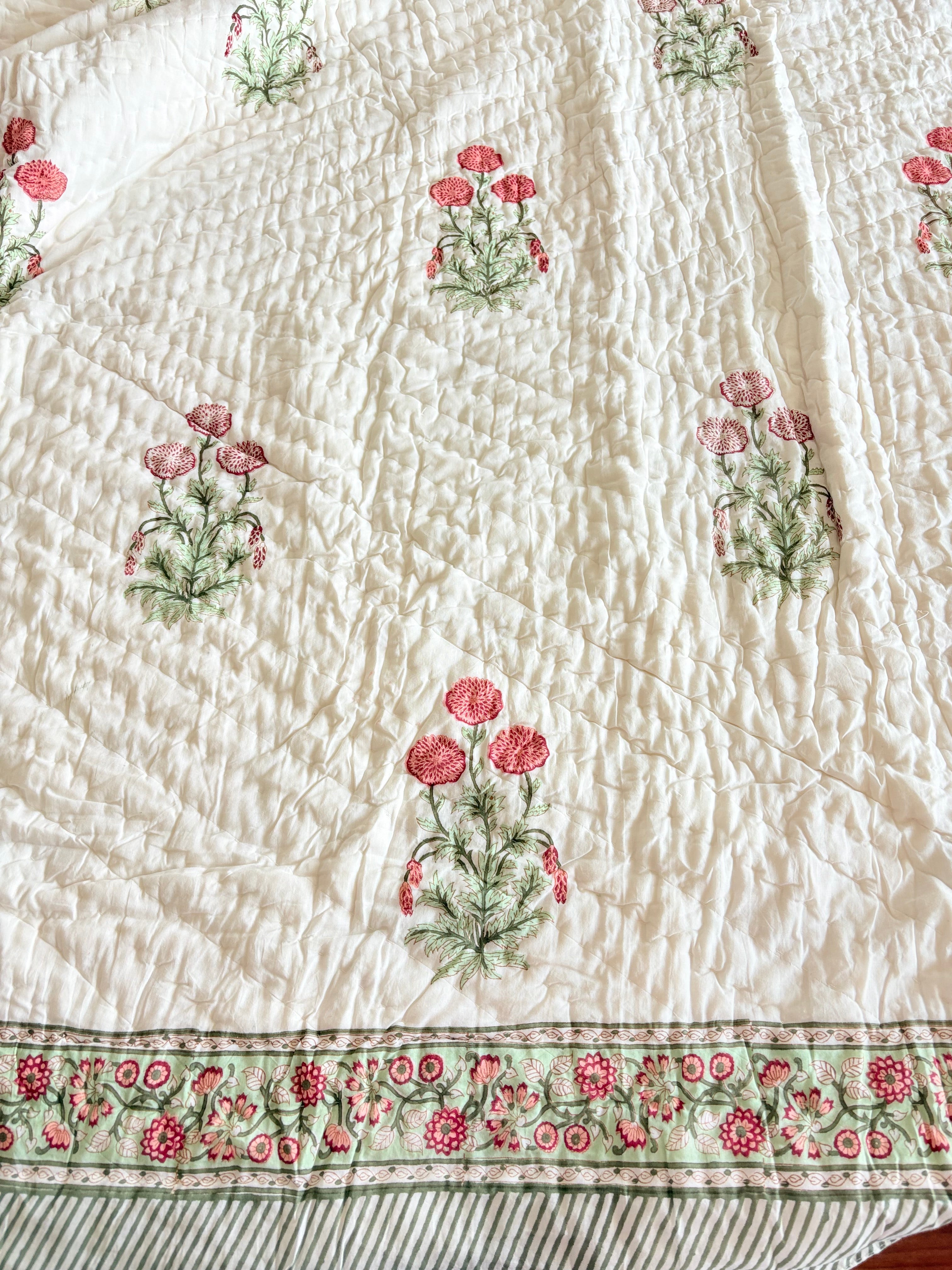 Pink Botanical Hand-Block Printed Reversible Cotton Quilt Queen