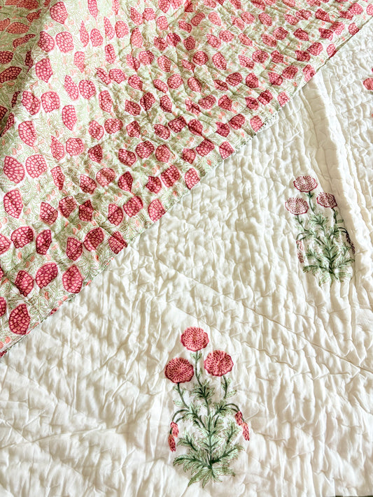 Pink Botanical Hand-Block Printed Reversible Cotton Quilt Queen