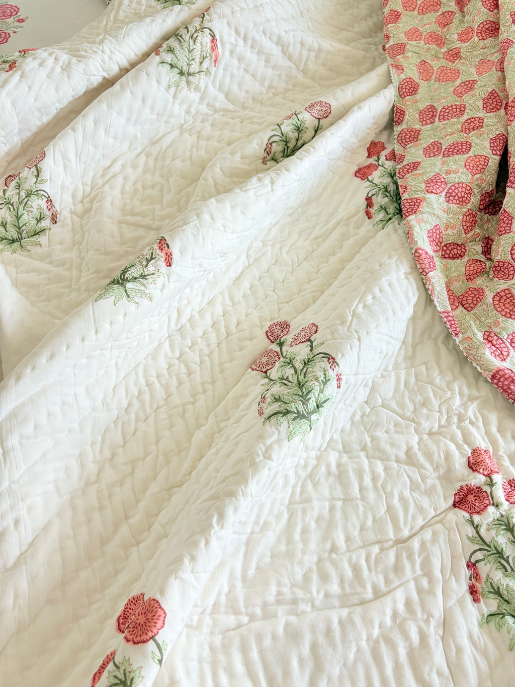 Pink Botanical Hand-Block Printed Reversible Cotton Quilt Queen