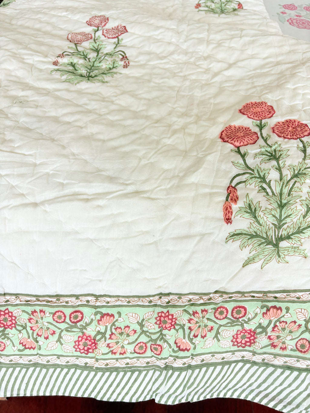 Pink Botanical Hand-Block Printed Reversible Cotton Quilt Queen