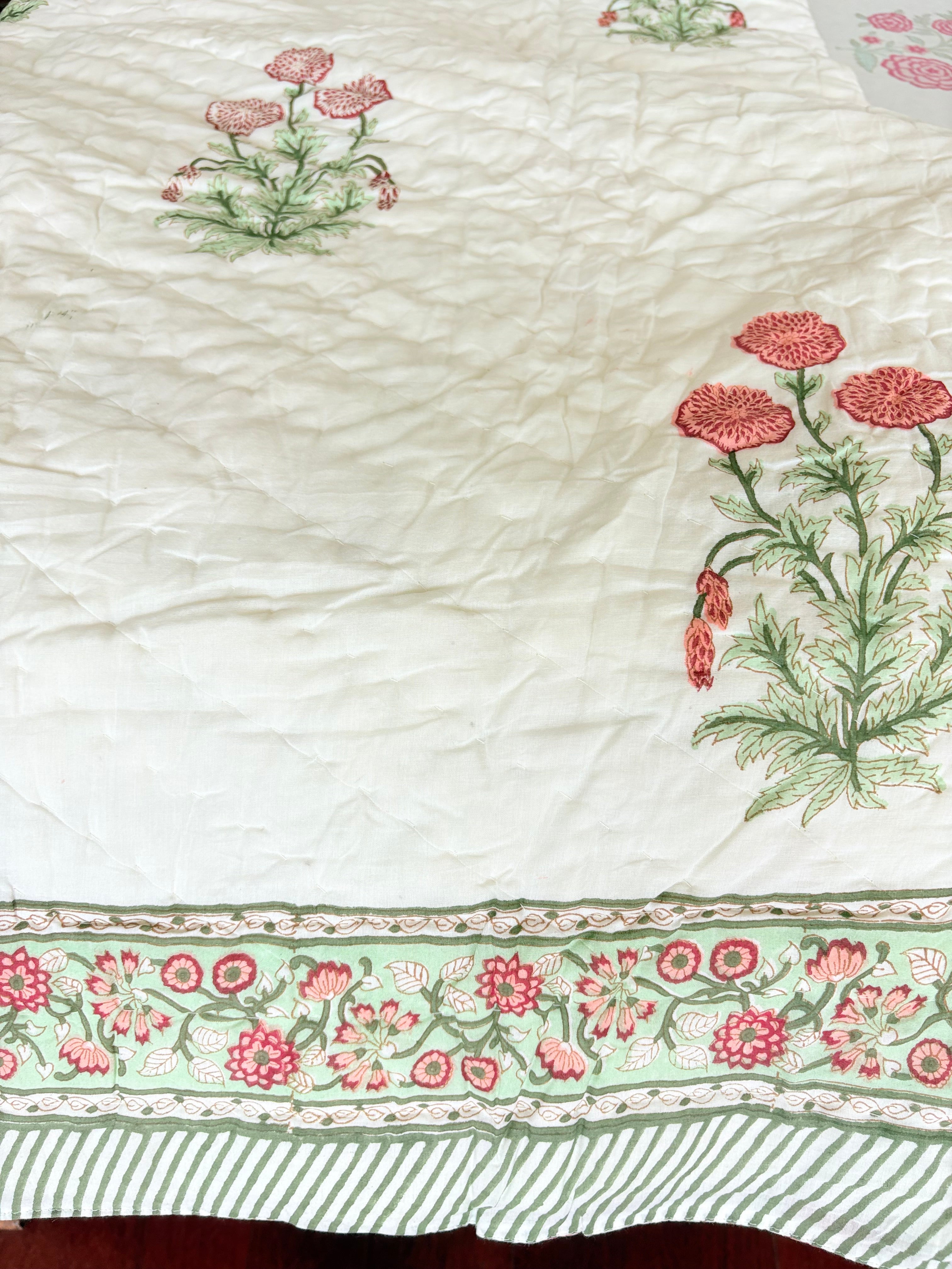 Pink Botanical Hand-Block Printed Reversible Cotton Quilt Queen