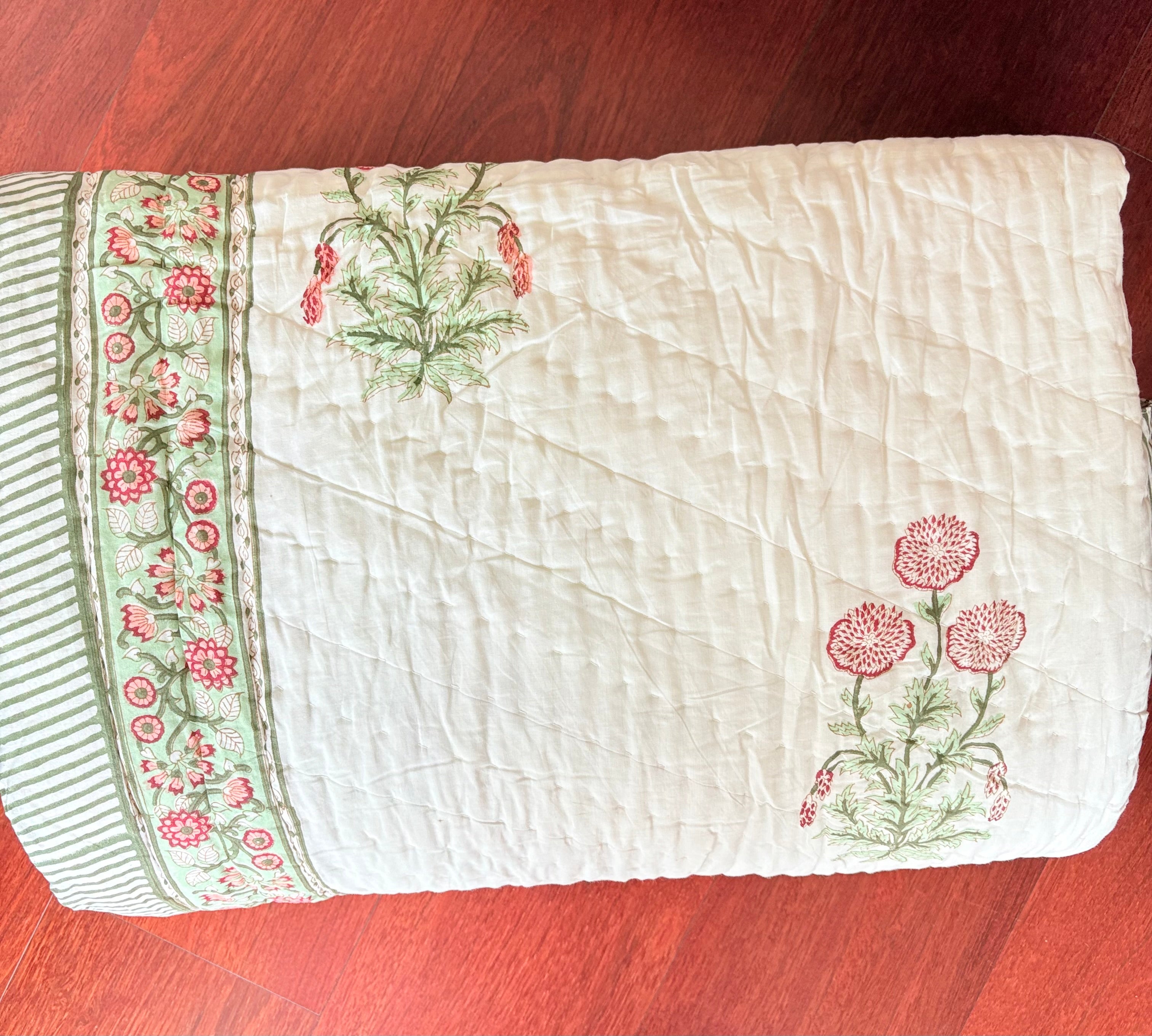 Pink Botanical Hand-Block Printed Reversible Cotton Quilt Queen