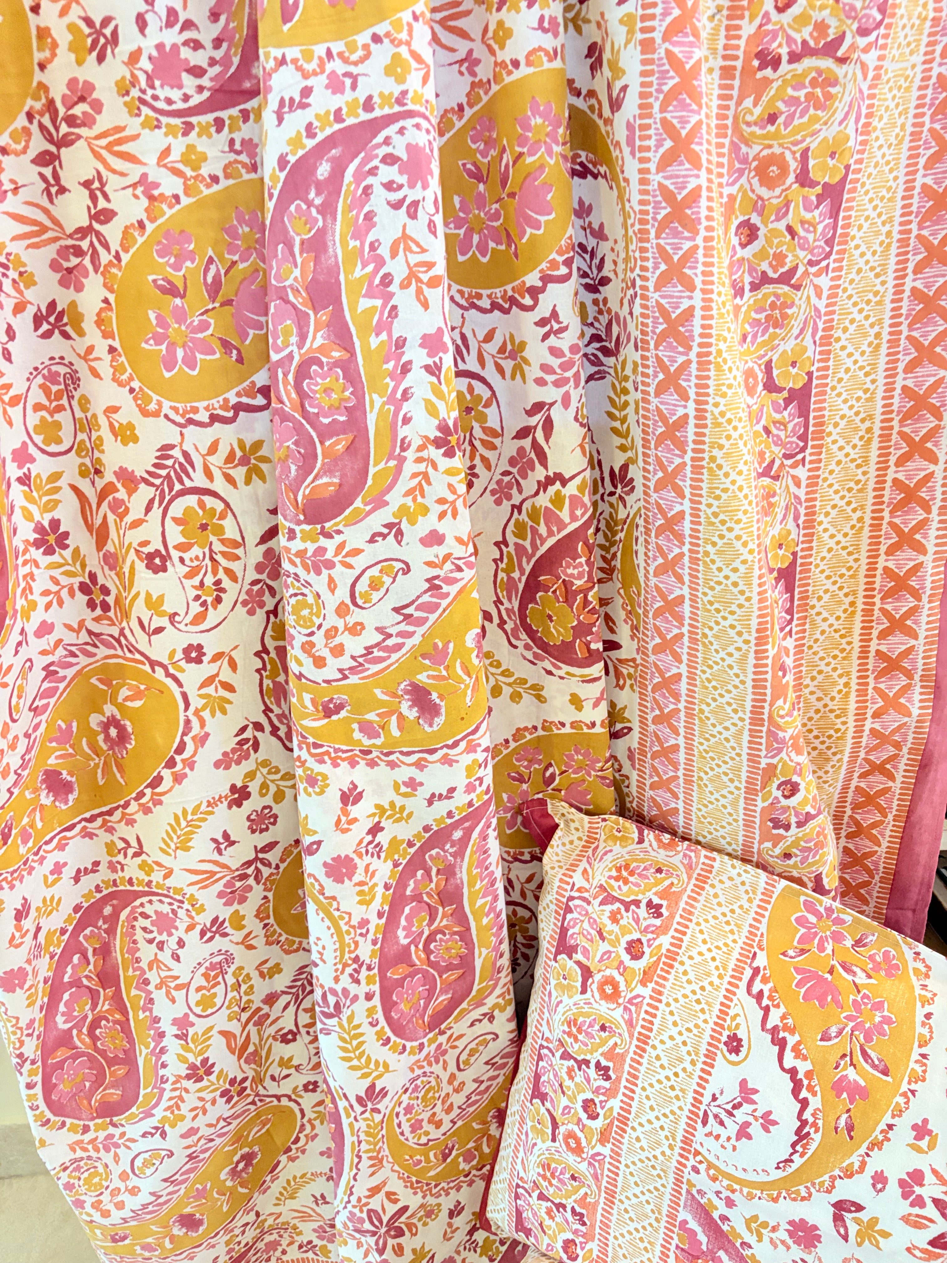 Yellow and Orange Paisley design Screen print bedsheet