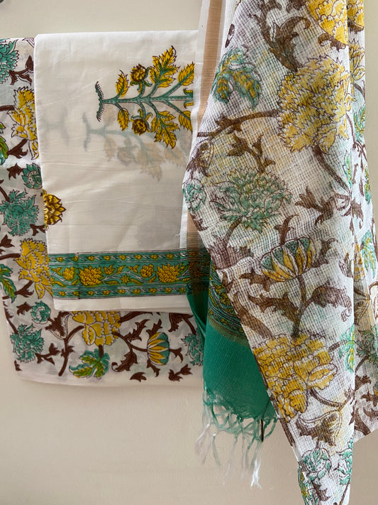 Unstitched Cotton Suit piece with Kota Doriya dupatta 3 piece set- Imprints Touch