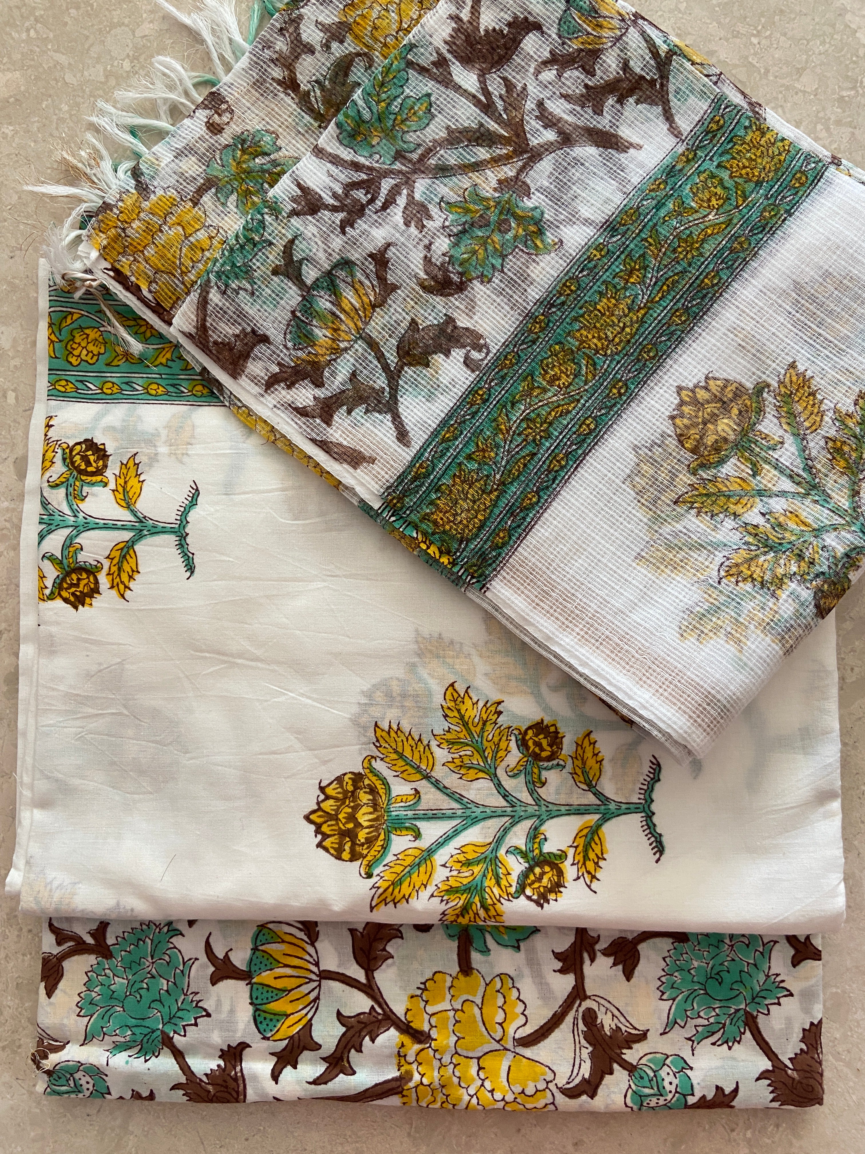 Unstitched Cotton Suit piece with Kota Doriya dupatta 3 piece set- Imprints Touch