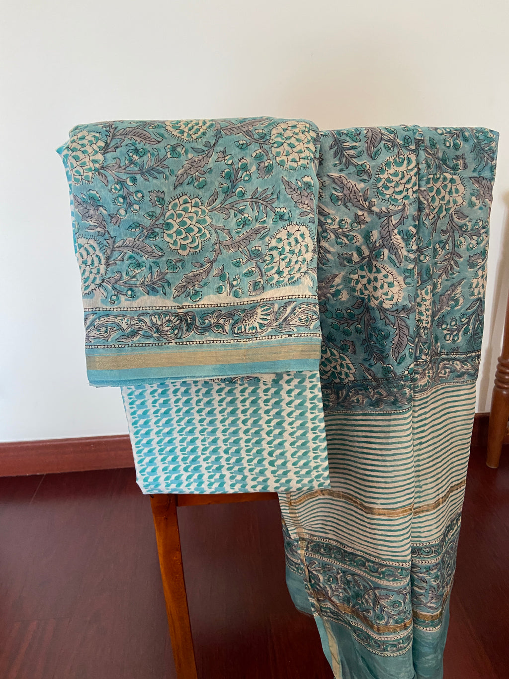 Unstitched Chanderi kurta piece with Chanderi dupatta and cotton pant fabric 3 piece set - Padded in Blue