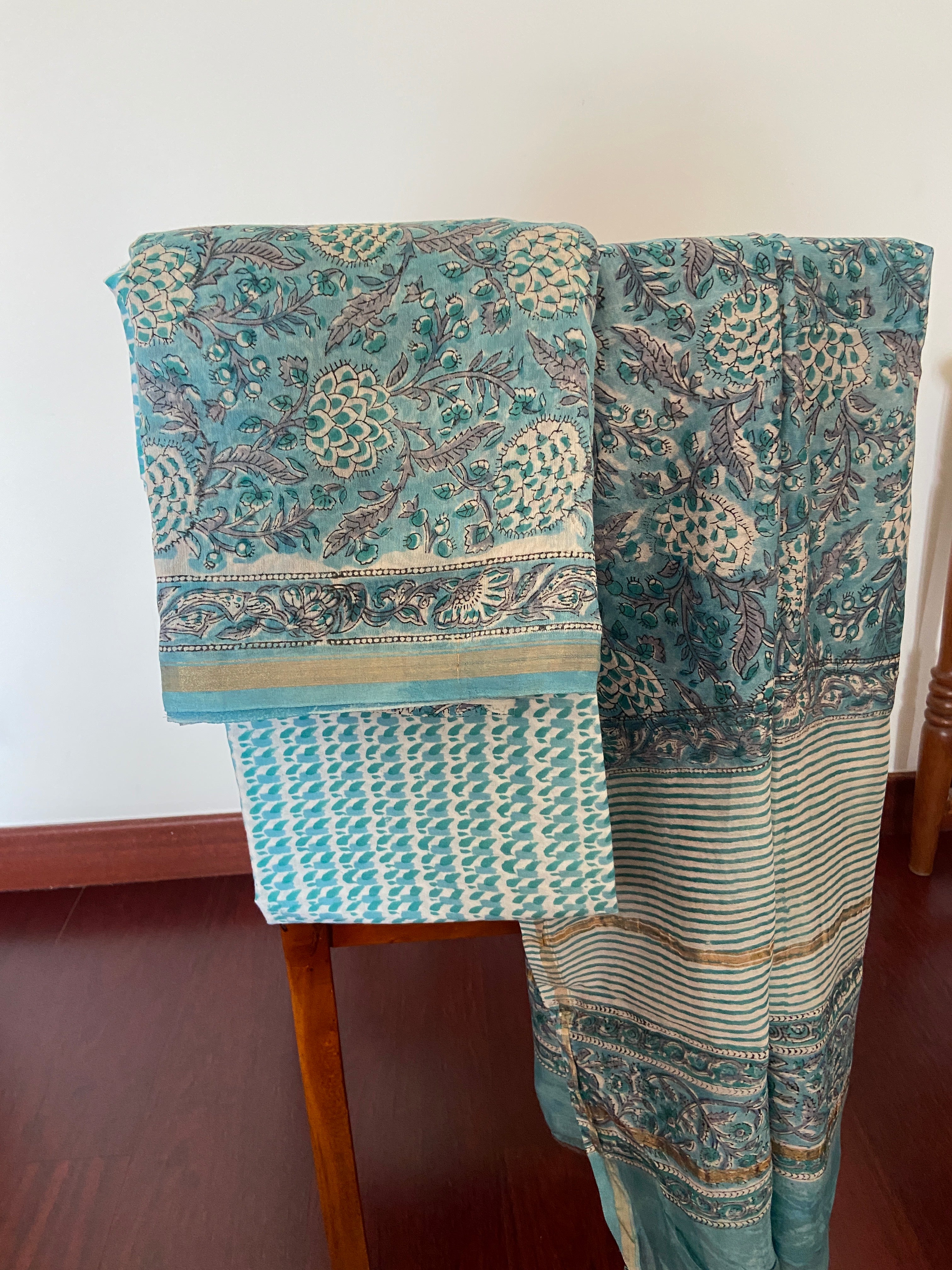 Unstitched Chanderi kurta piece with Chanderi dupatta and cotton pant fabric 3 piece set - Padded in Blue