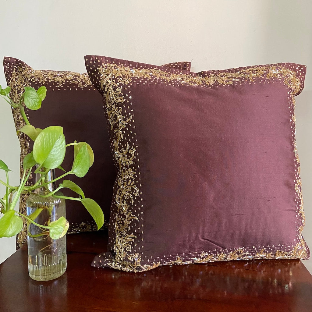 Cushion Cover - Zardosi border Brown